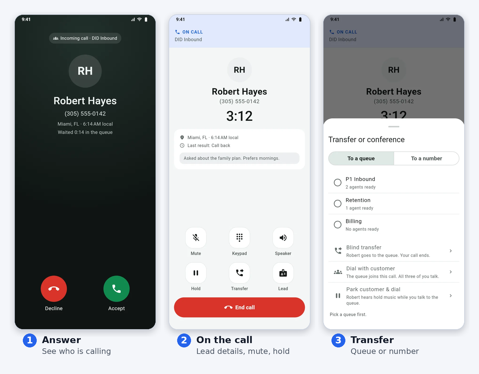 Answer from the lock screen, see the customer’s details on the call, and transfer to a queue or a number