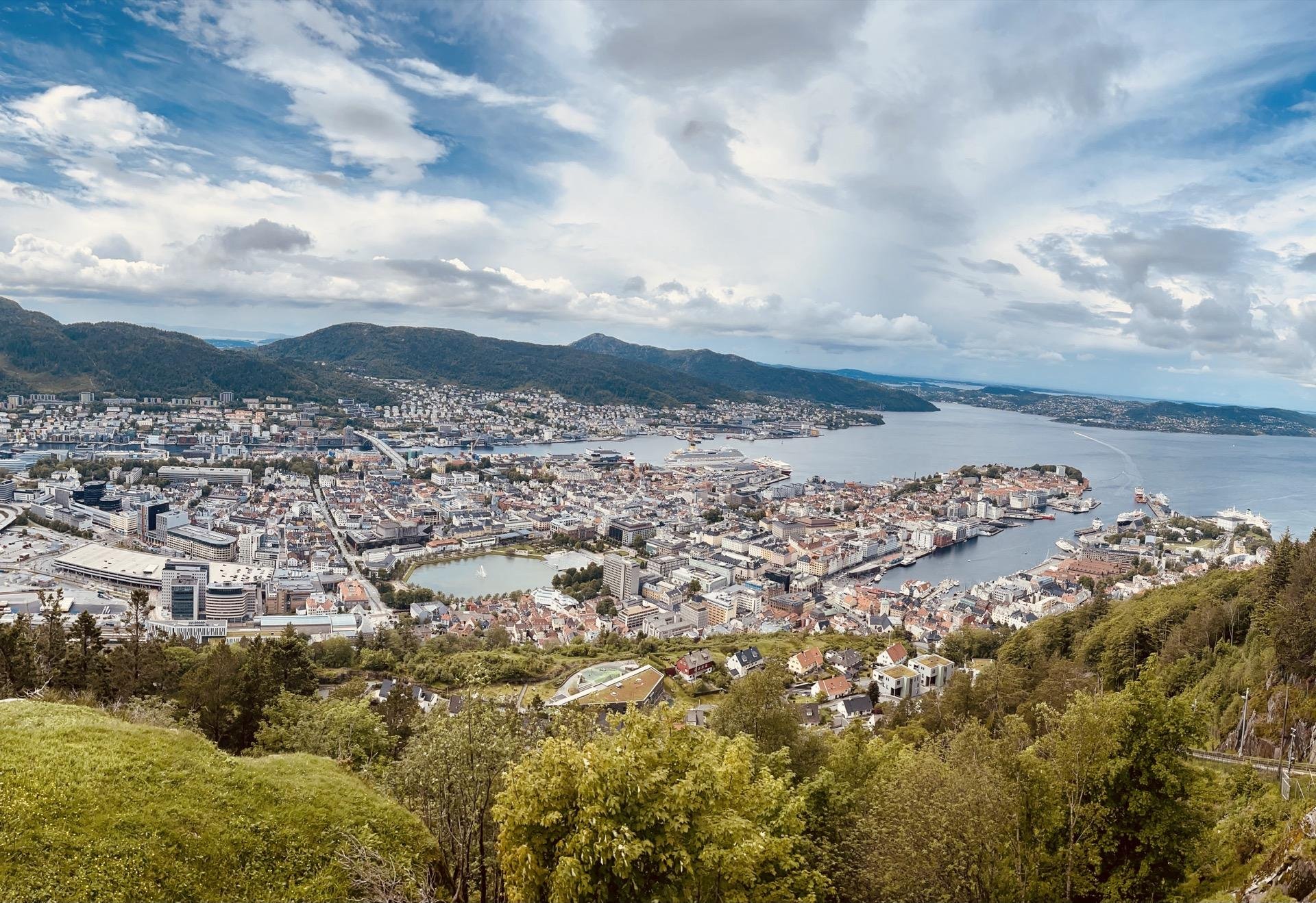Panoramic view of a coastal cityscape surrounded by mountains under a partly cloudy sky. The foreground features lush greenery, while the middle ground shows dense urban development with distinct building rooftops interspersed with waterways and bridges. In the background, hills rise on either side of the wide bay that opens into the sea.