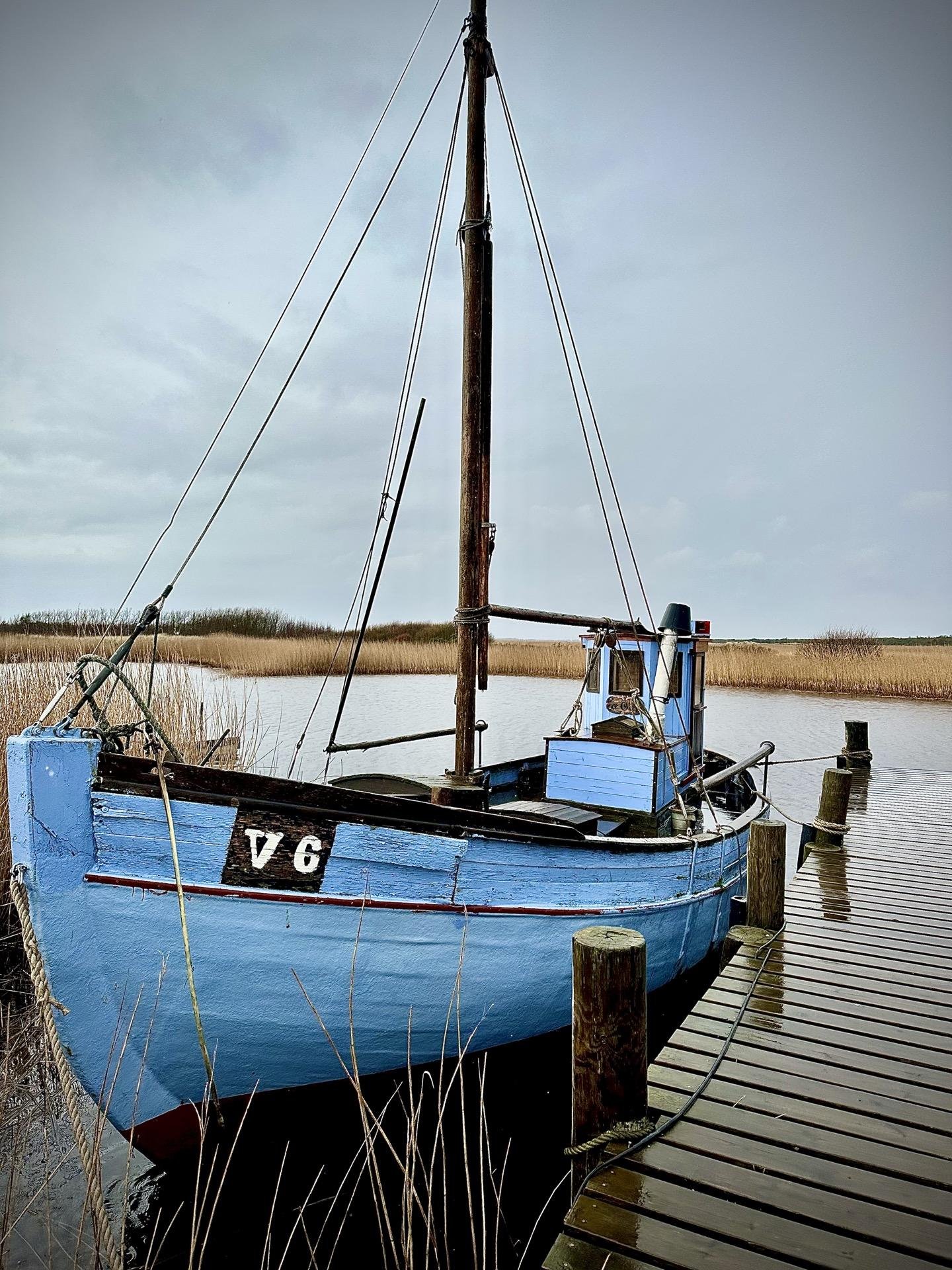 A blue boat with a tall, weathered mast docked at a wooden pier near tall reeds under a cloudy sky. The vessel, marked with "VG" on its hull, also features ropes and rigging, hinting at its sailing capabilities.
