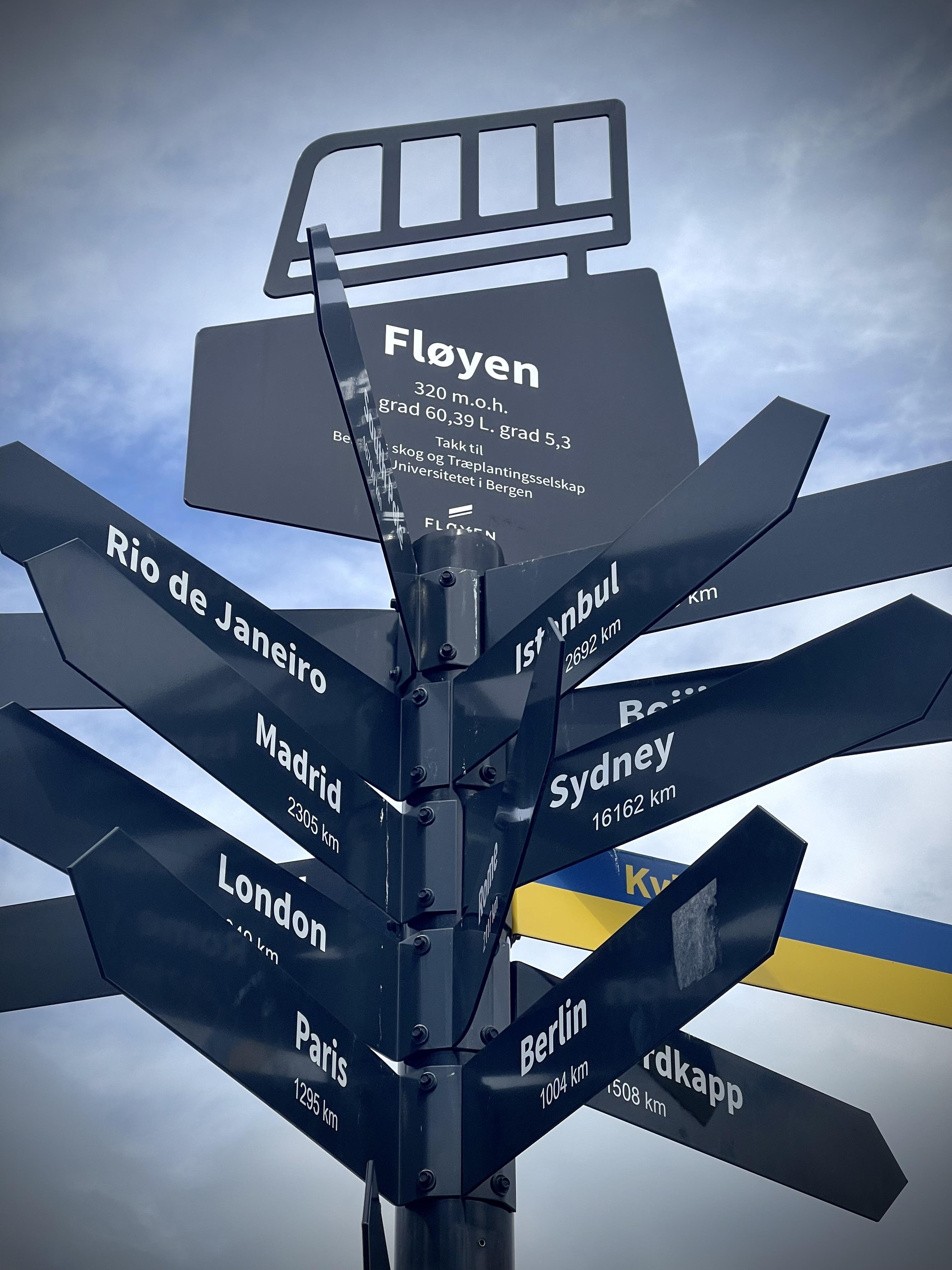 Multiple directional signposts against a blue sky, each featuring the names of various global cities along with their distances in kilometers from the current location. The top sign includes an icon resembling a cable car. Notable cities listed include Rio de Janeiro, Madrid, London, Paris, and Sydney. Additional information on one sign references "Fløyen 320 m.o.h." with coordinates and a message in Norwegian.