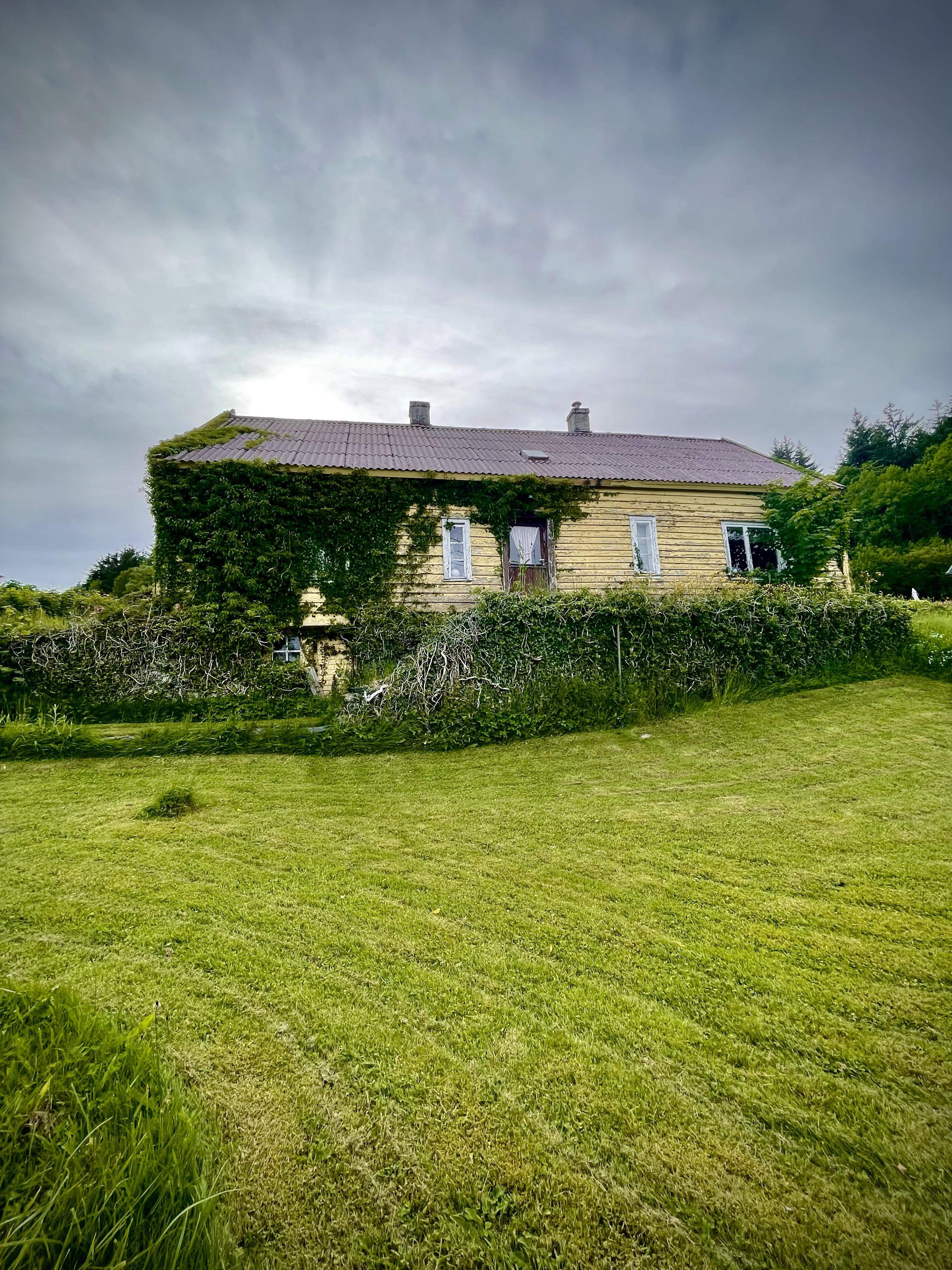 A weathered yellow house partially covered in green ivy, with closed purple curtains in one visible window. The roof appears brown and intact. Around the house is a well-maintained lawn and in the background, a lightly overcast sky looms, suggesting a serene, rural setting.
