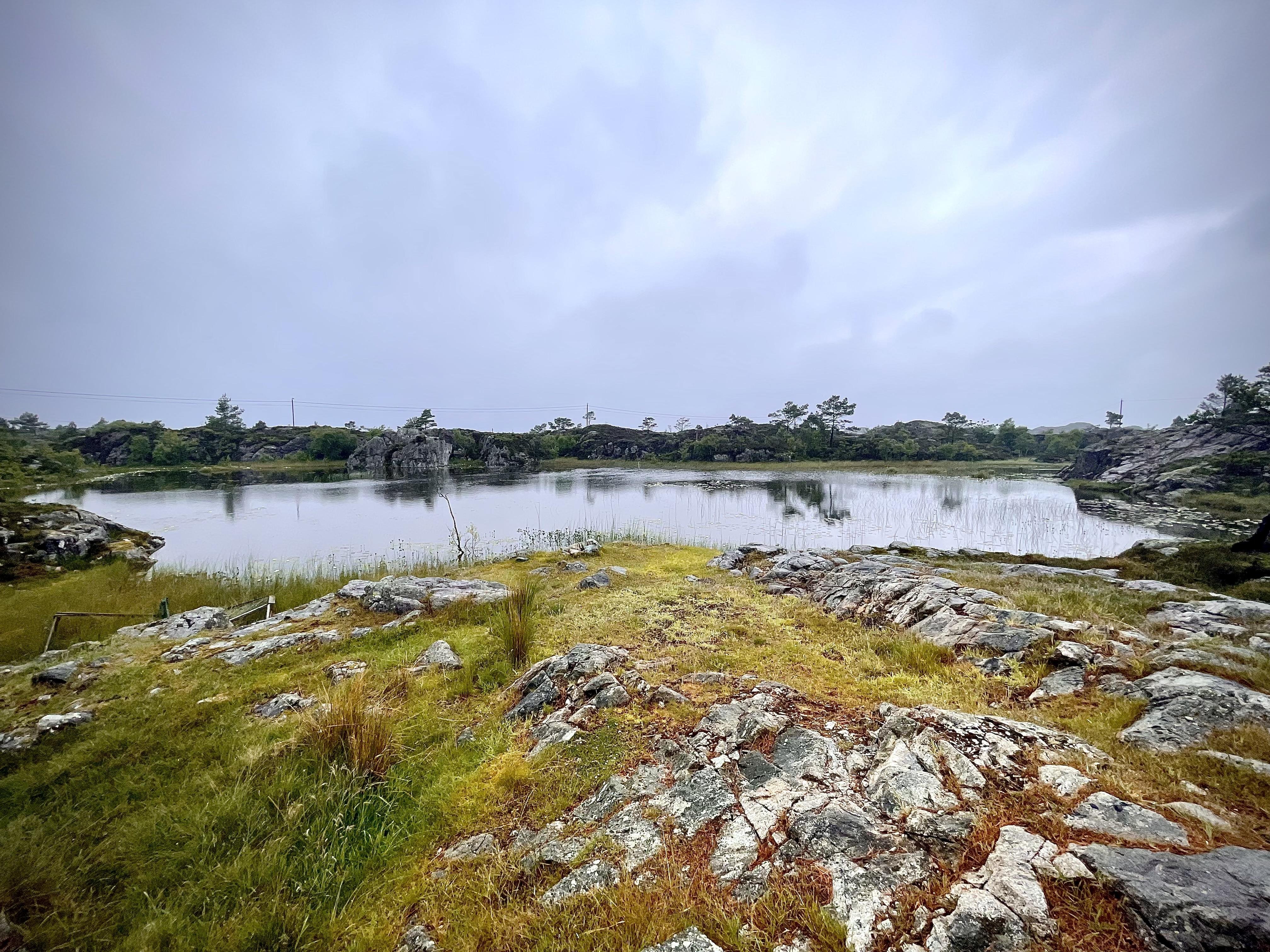 Overcast sky over a tranquil lake surrounded by rugged terrain with grass and rocky outcroppings. Reflections of sparse trees and rocks are visible on the water's surface.