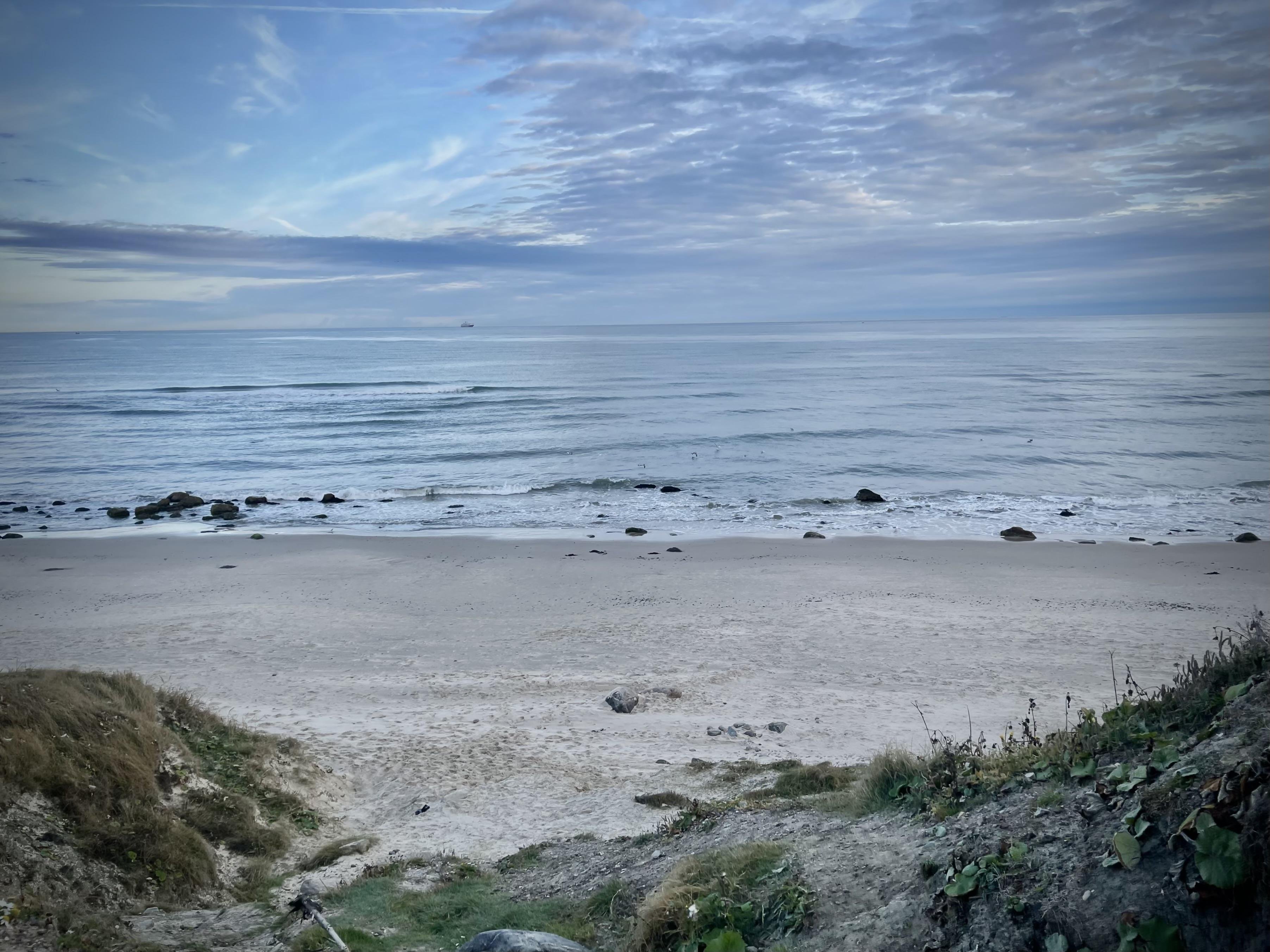 Overcast sky above a tranquil beach with a calm ocean, featuring scattered rocks and gentle waves. Sandy shore foreground with vegetation on its edges.