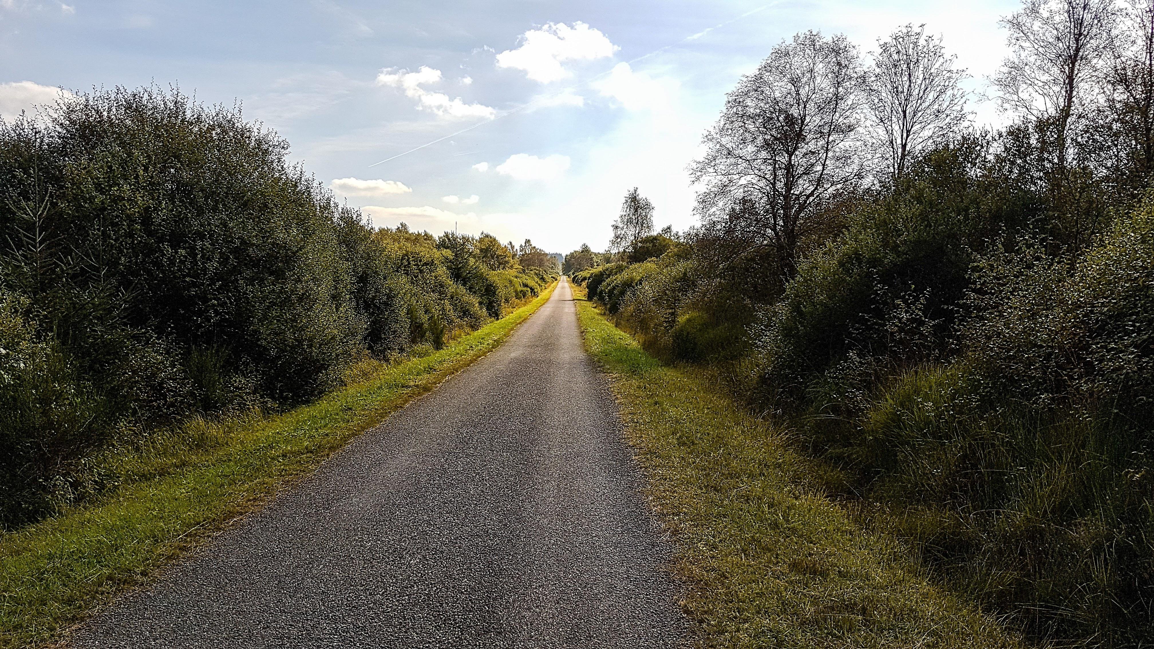Asphalt road leading through a countryside landscape with lush greenery on either side, under a partly cloudy sky.