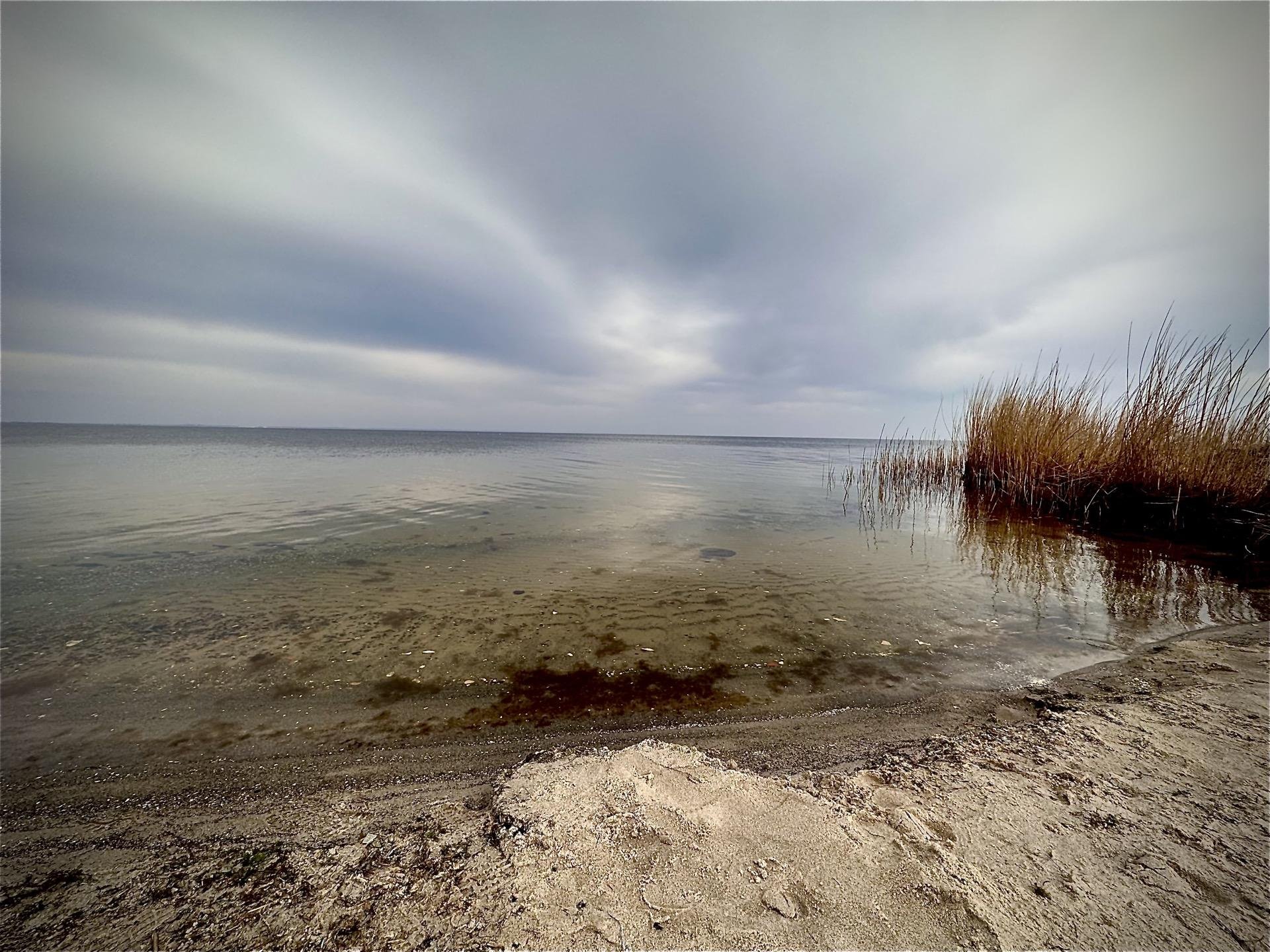 Overcast sky with radiating crepuscular rays above a calm lake, sandy shore in the foreground, and a patch of tall, dense reeds on the right edge extending into the water.