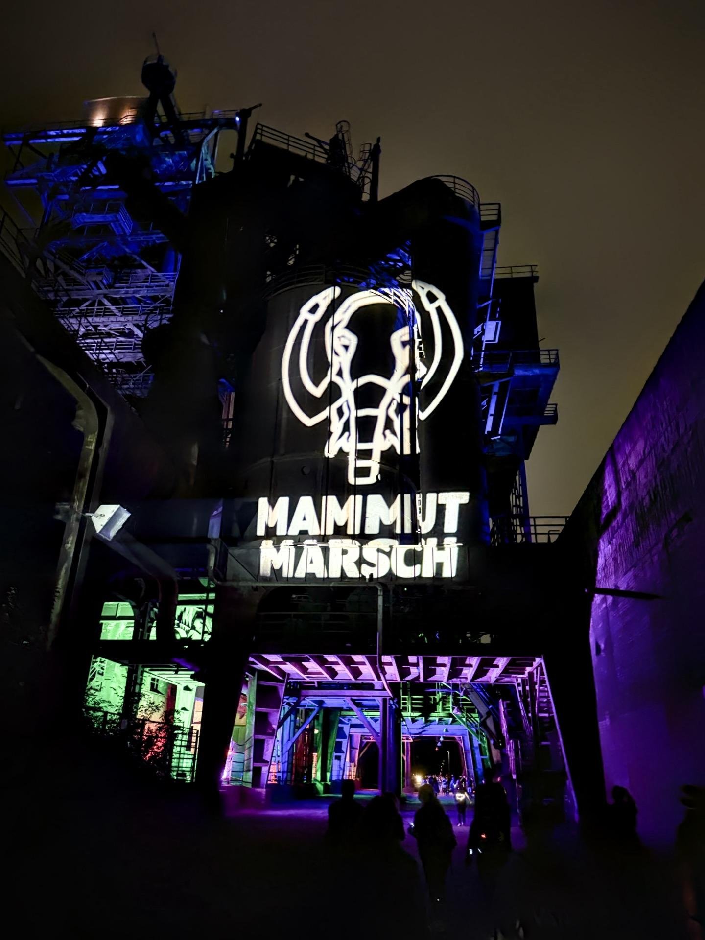 Nighttime view of an industrial structure illuminated with vibrant neon lights. A large neon sign displaying a stylized elephant skull and the words "MAMIMUT MARSCH" in white neon letters dominates the foreground, mounted on dark metal frameworks. Silhouettes of people are visible at the bottom, walking towards the lit structure bathed in purple and green lights, highlighting intricate architectural details.