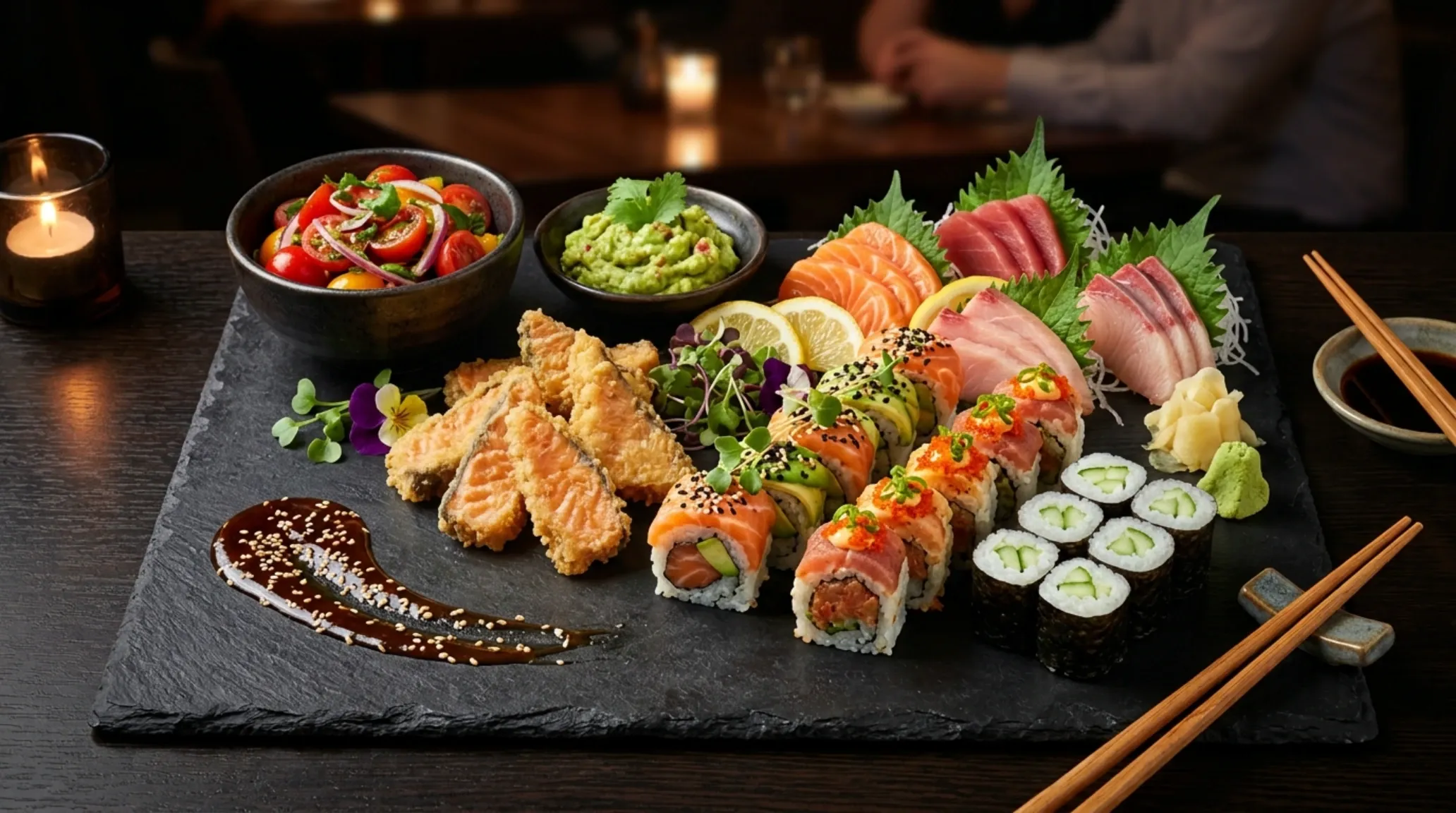 Big plate with nigiri, maki, sashimi and different condiments