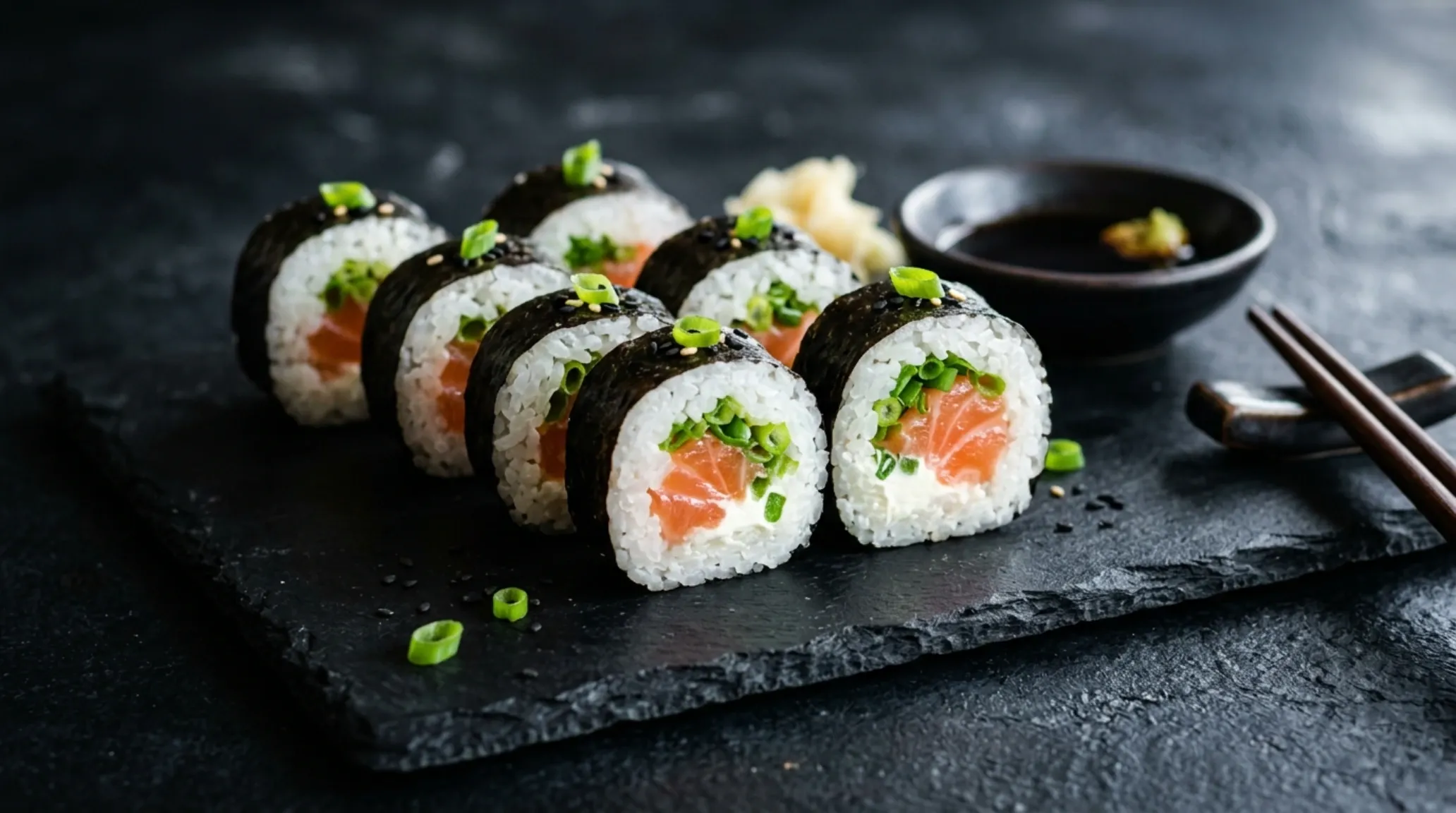 6 pieces of Sake Negi Maki on a plate