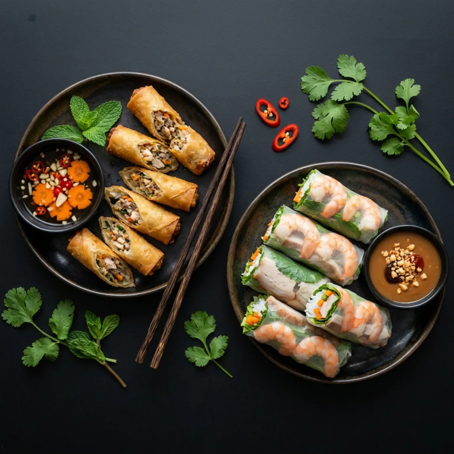 Crispy spring rolls and summer rolls arranged as appetizers