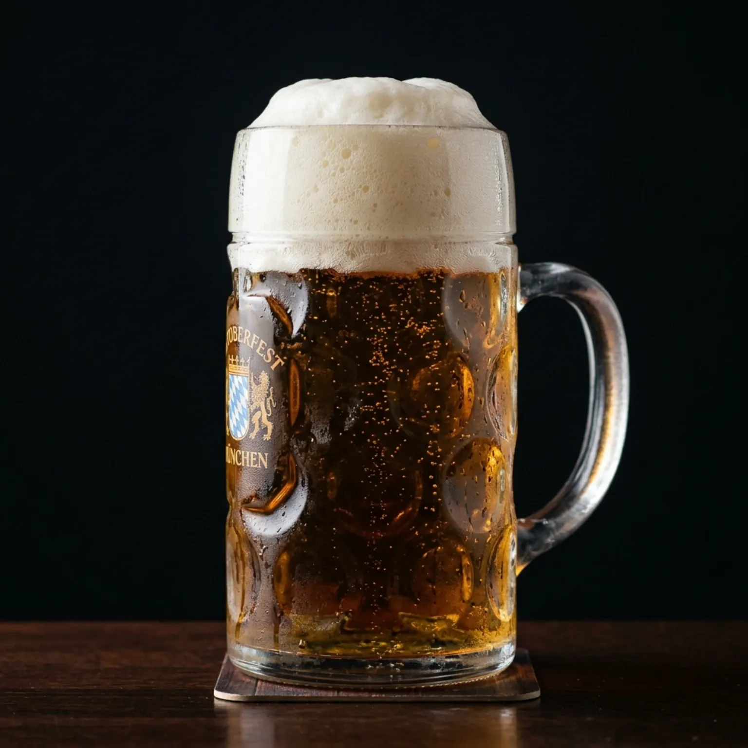 Draft beer in a traditional German beer glass with a thick foam head, side view