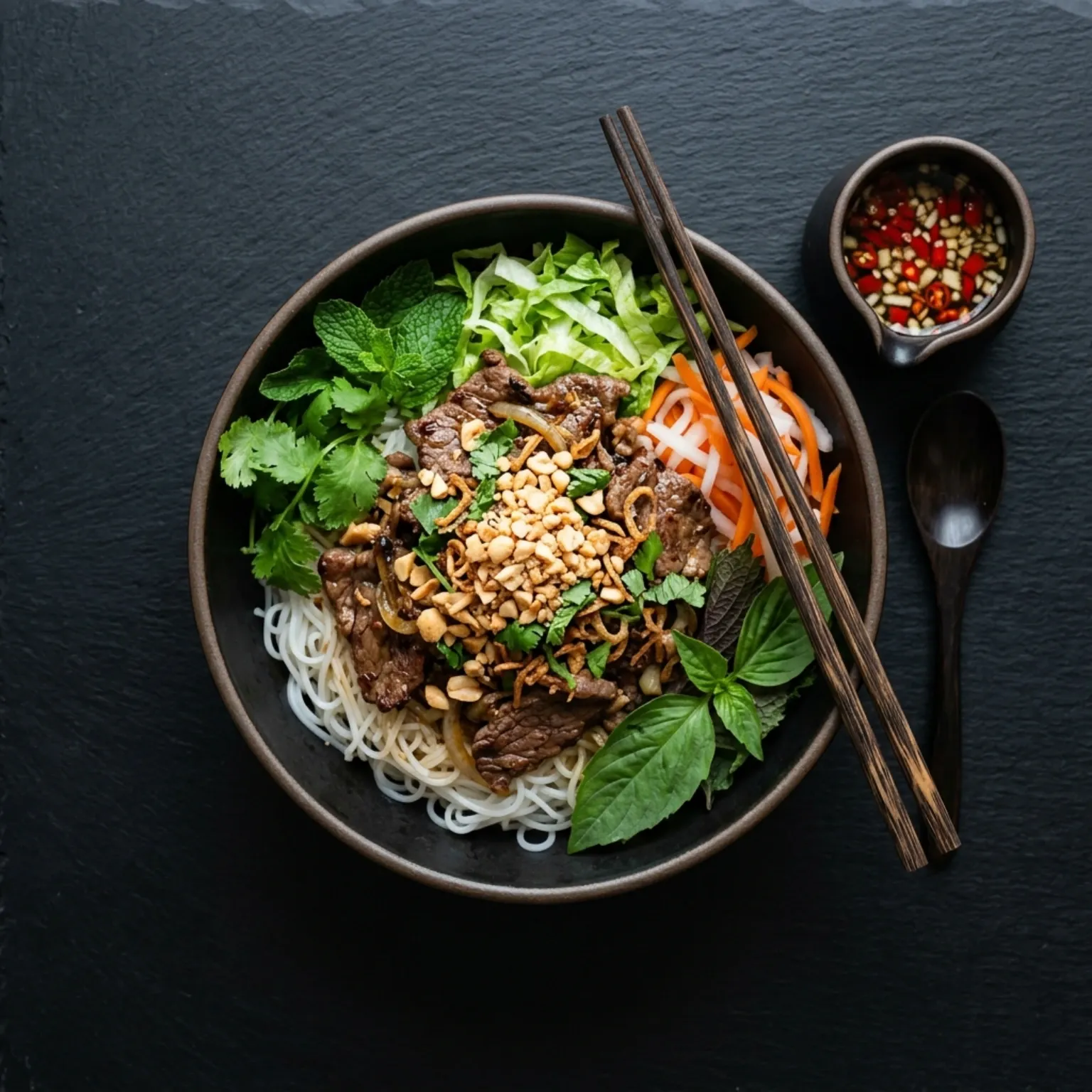 Vietnamese Bun Nam Bo noodle salad with beef and peanuts