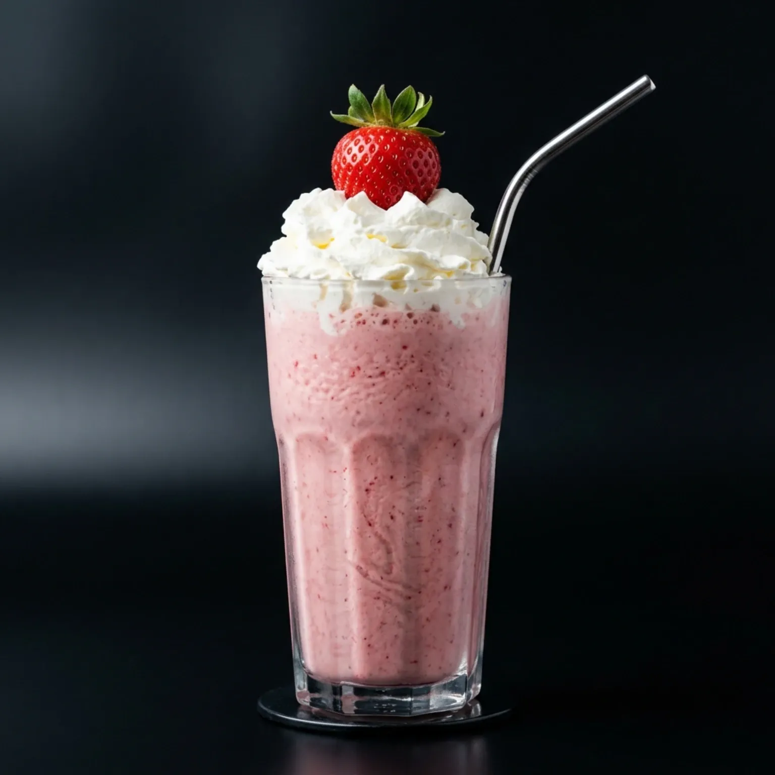 A thick strawberry milkshake in a glass with whipped cream and a strawberry on top