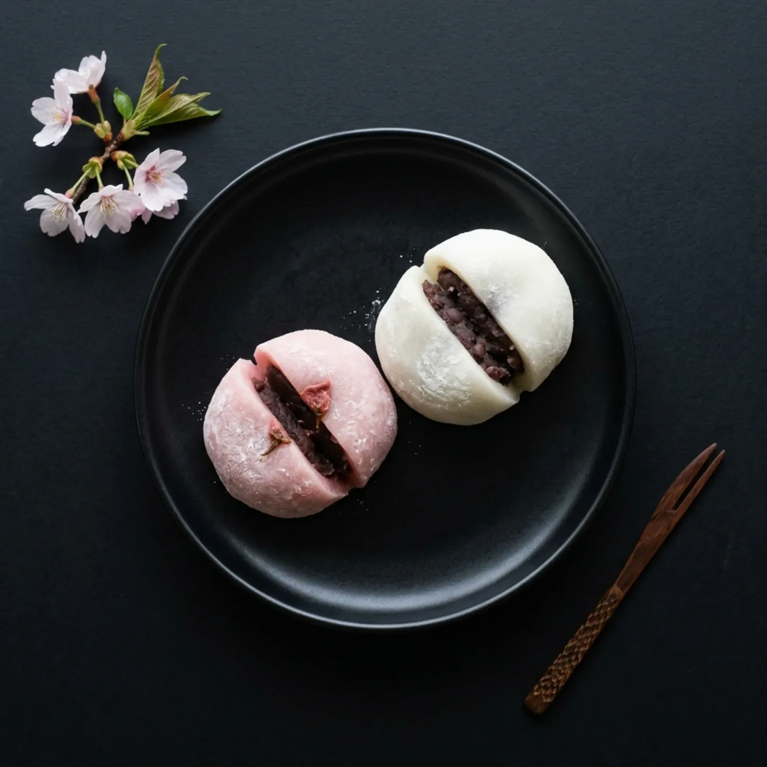 Two pieces of traditional Japanese Mochi, homemade rice cakes with filling, elegantly arranged