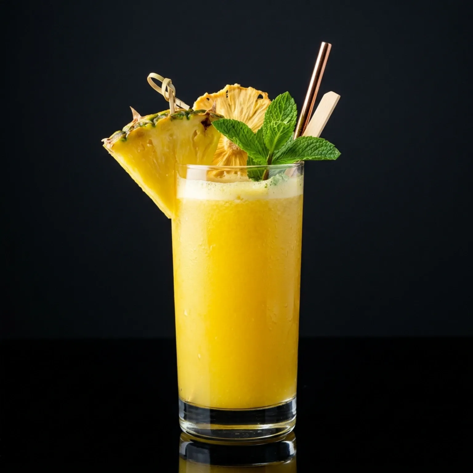 Fresh pineapple juice in a glass with a garnish, side view