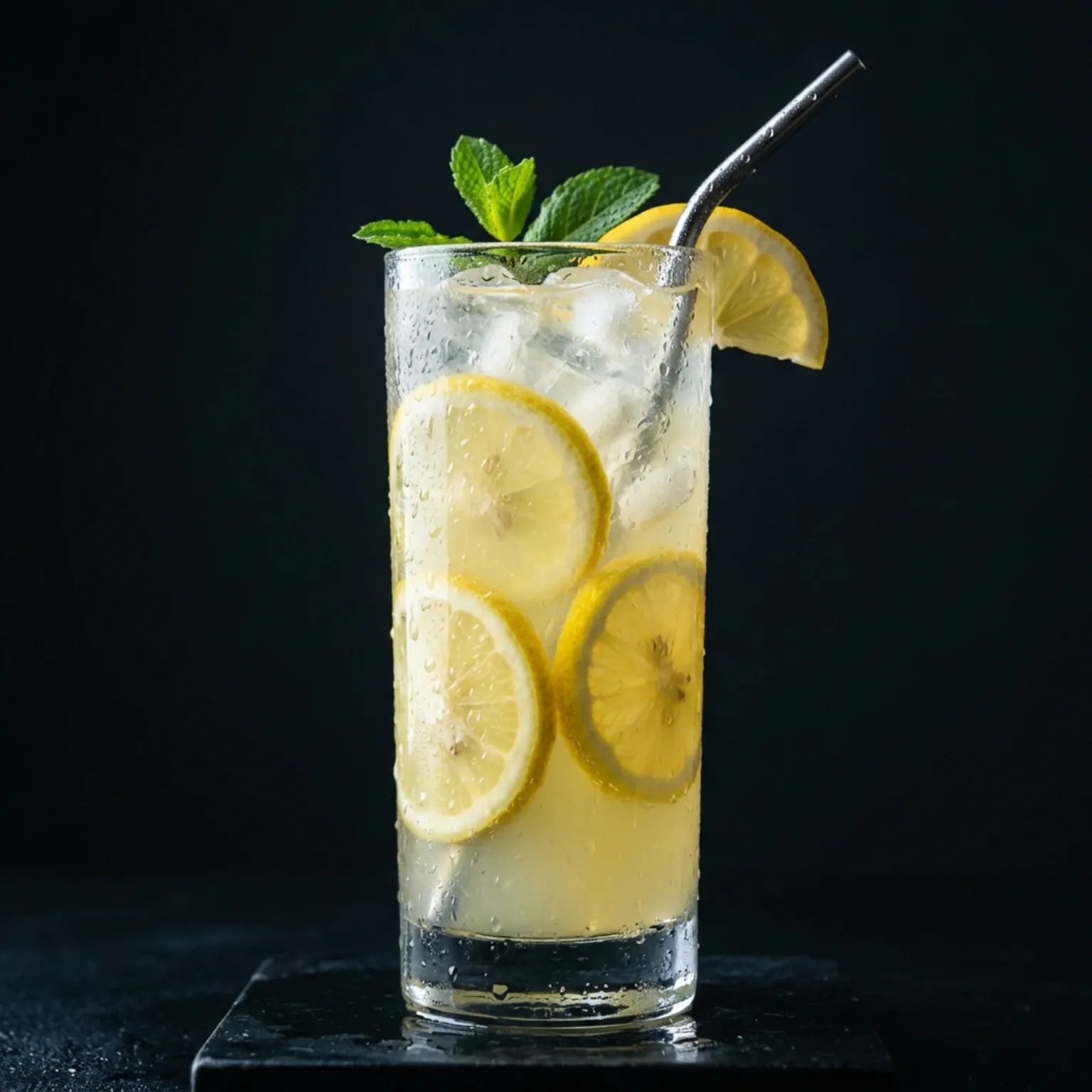 Refreshing lemonade in a tall glass with ice and lemon slices