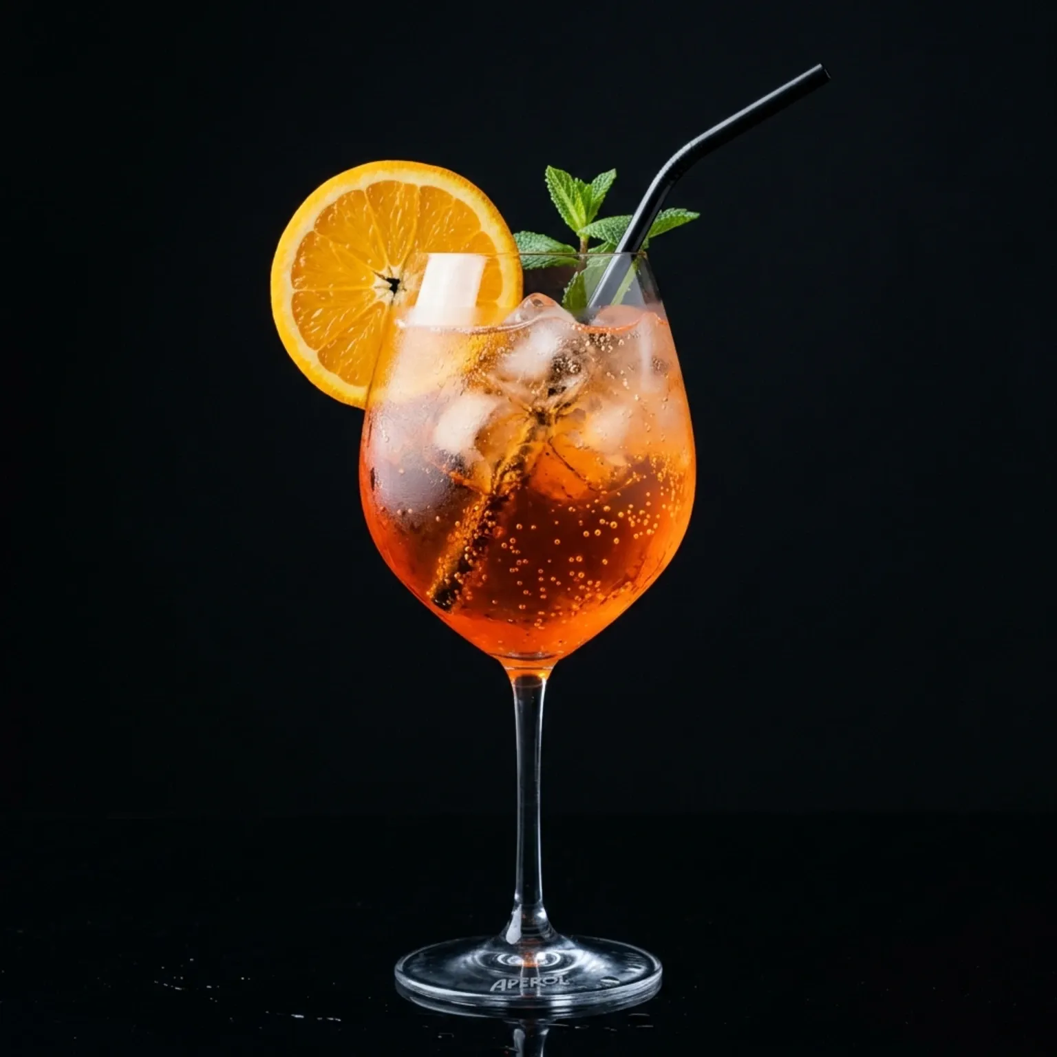 An Aperol Spritz in its characteristic large wine glass with ice and an orange slice, side view