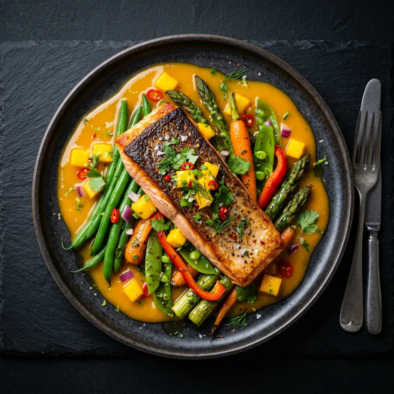 Seared salmon fillet with fresh vegetables in a vibrant mango sauce
