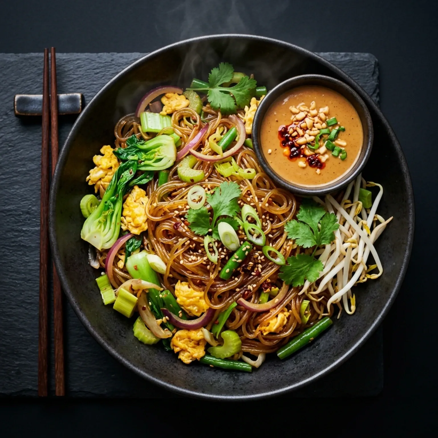 Gebratene Glasnudeln (Mien Xao) mit Pak-Choi, Zwiebeln, Eiern, Porree, Sellerie, Koriander, Stangenbohnen, Sojasprossen. Serviert mit Erdnusssoße oder Süß-Sauer-Soße.