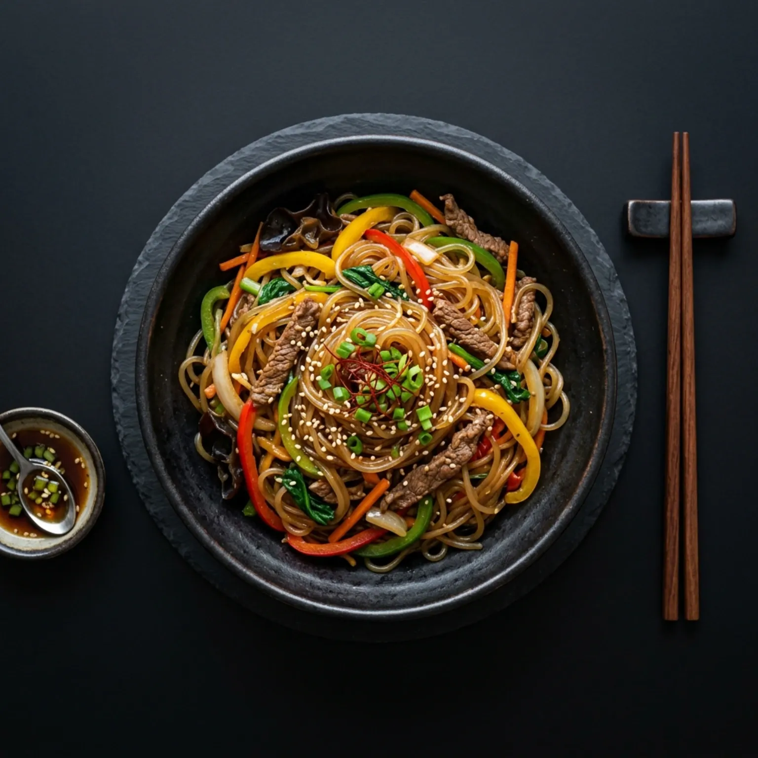 Stir-fried Korean Glass Noodles (Mien Xao) with beef and vegetables