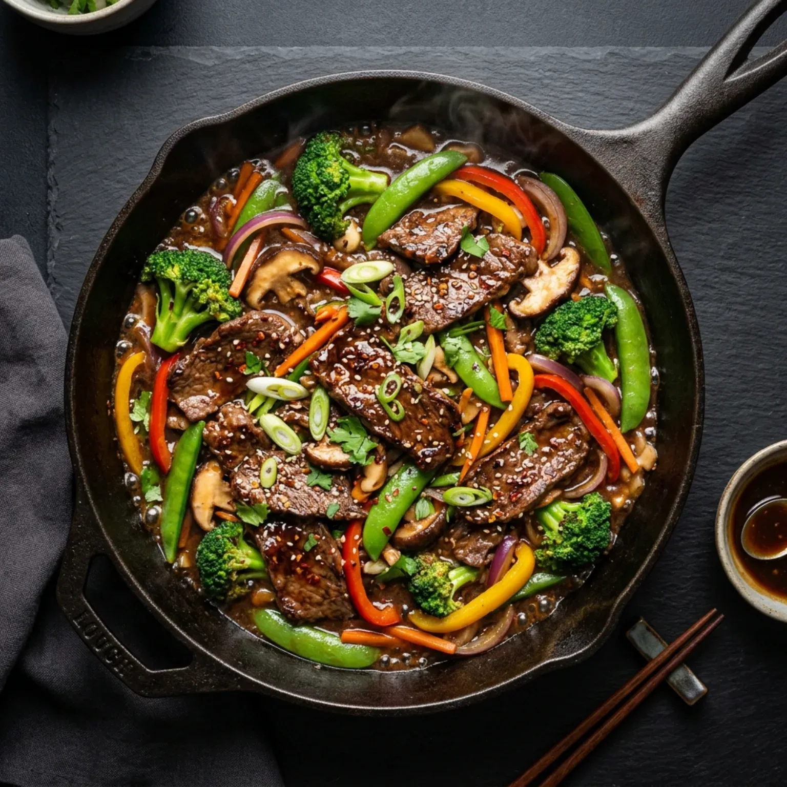 Sizzling beef slices with fresh vegetables in a savoury oyster sauce