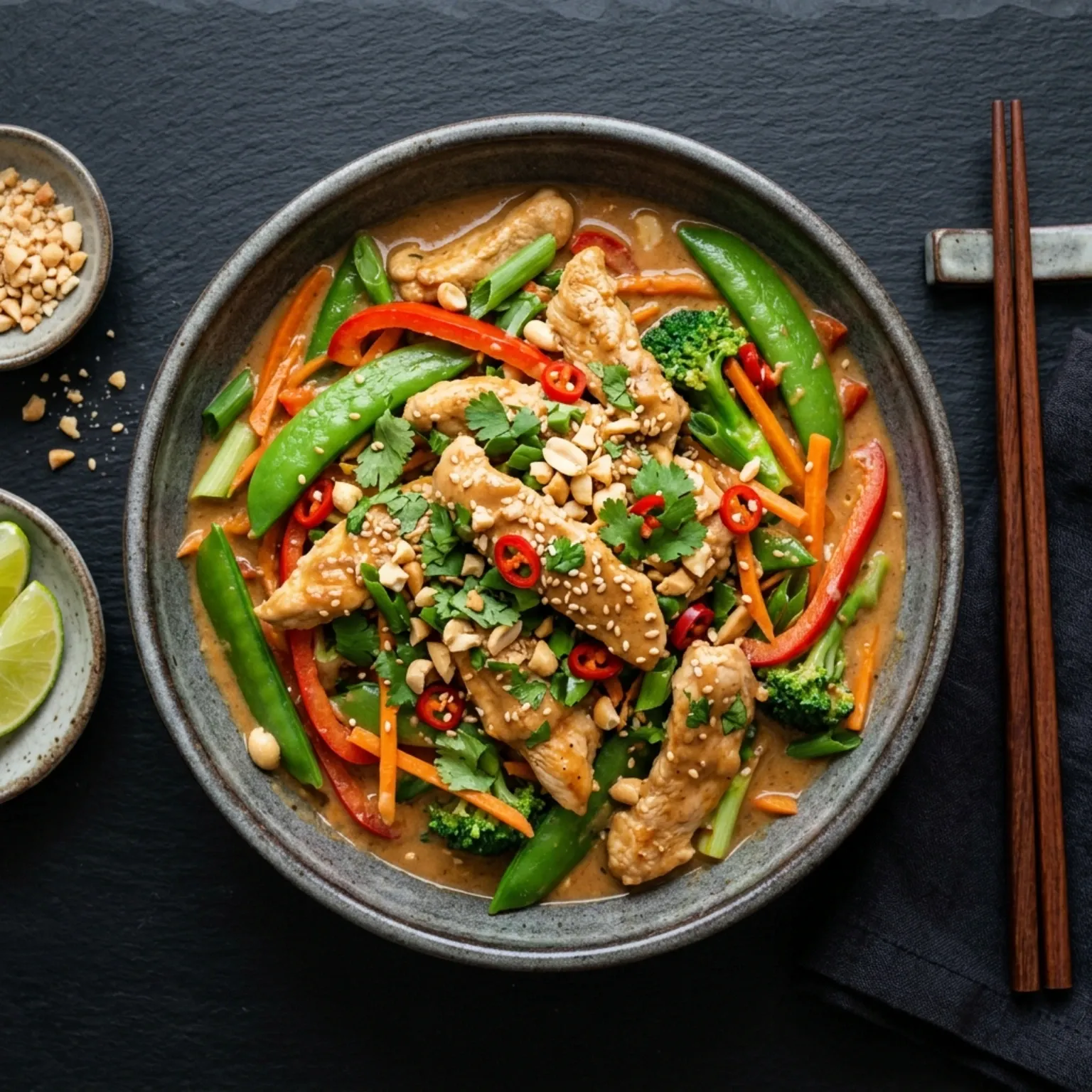 Tender chicken strips with fresh vegetables in a creamy peanut sauce