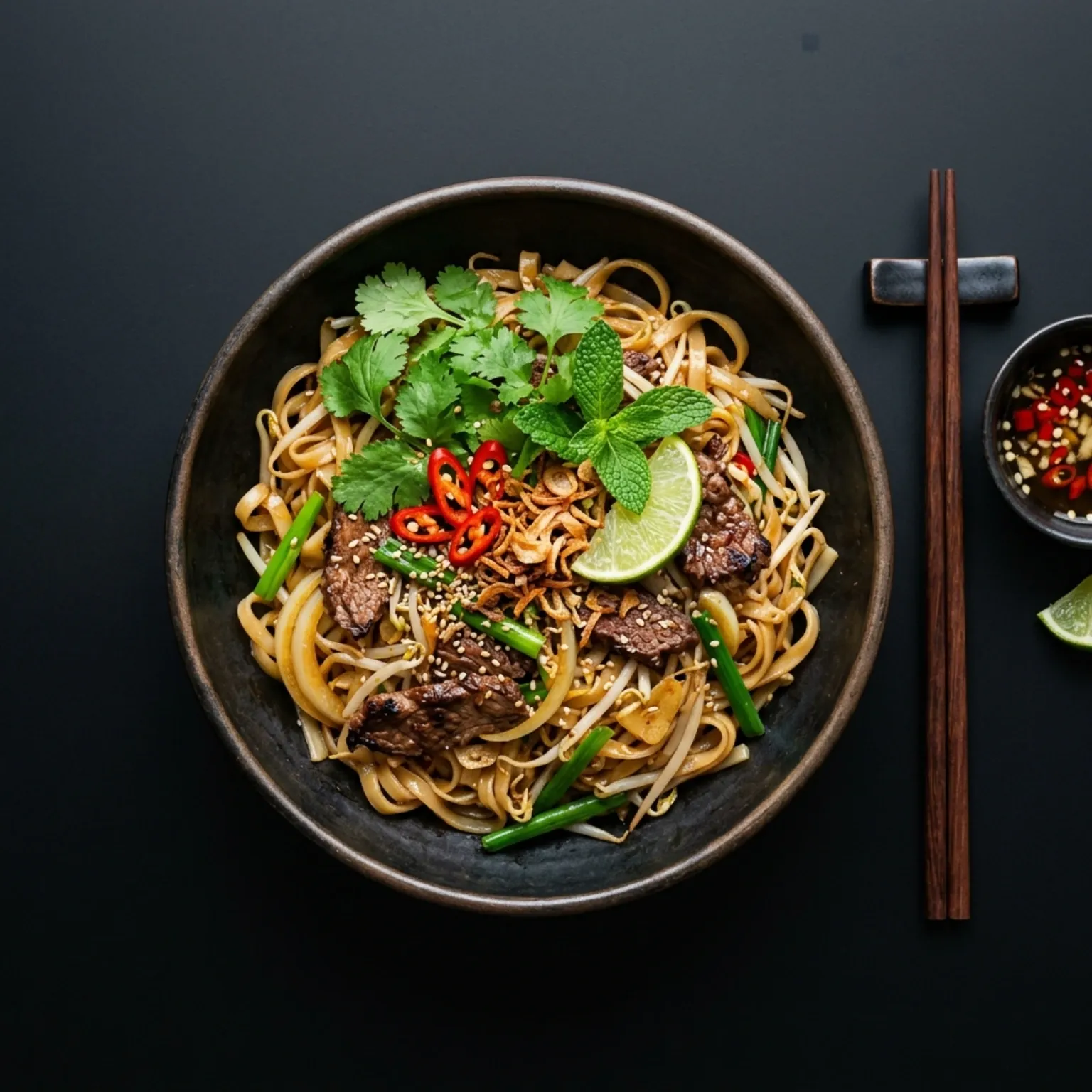 Vietnamese Fried Rice Noodles (Pho Xao) with beef and herbs