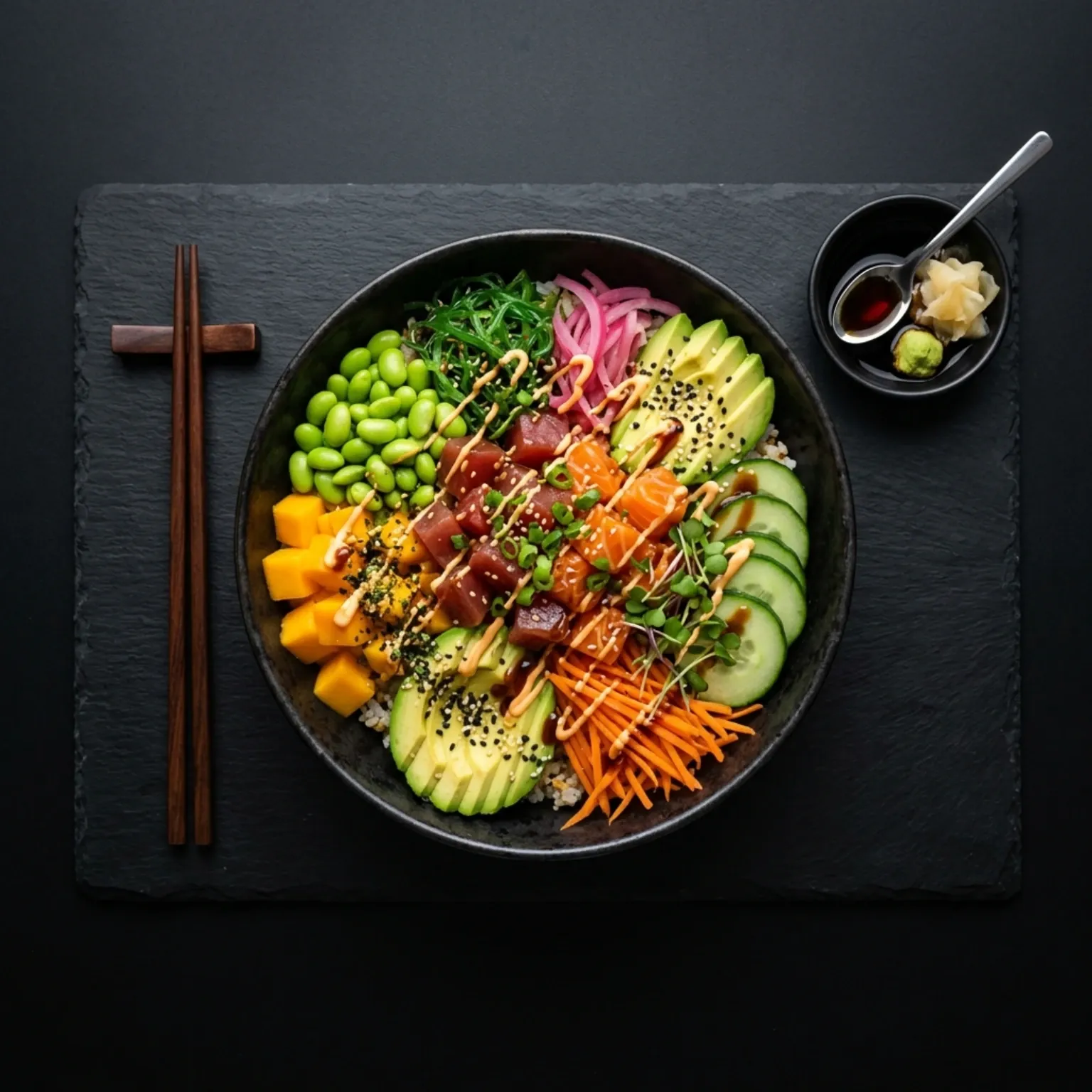 A colourful Poke Bowl with various fresh toppings