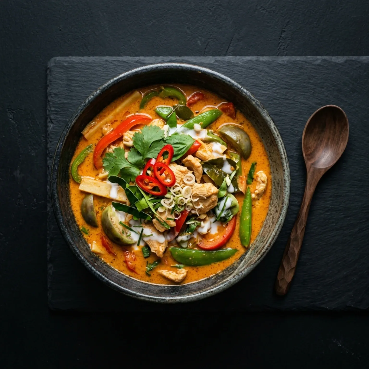 A bowl of rich red curry with vegetables