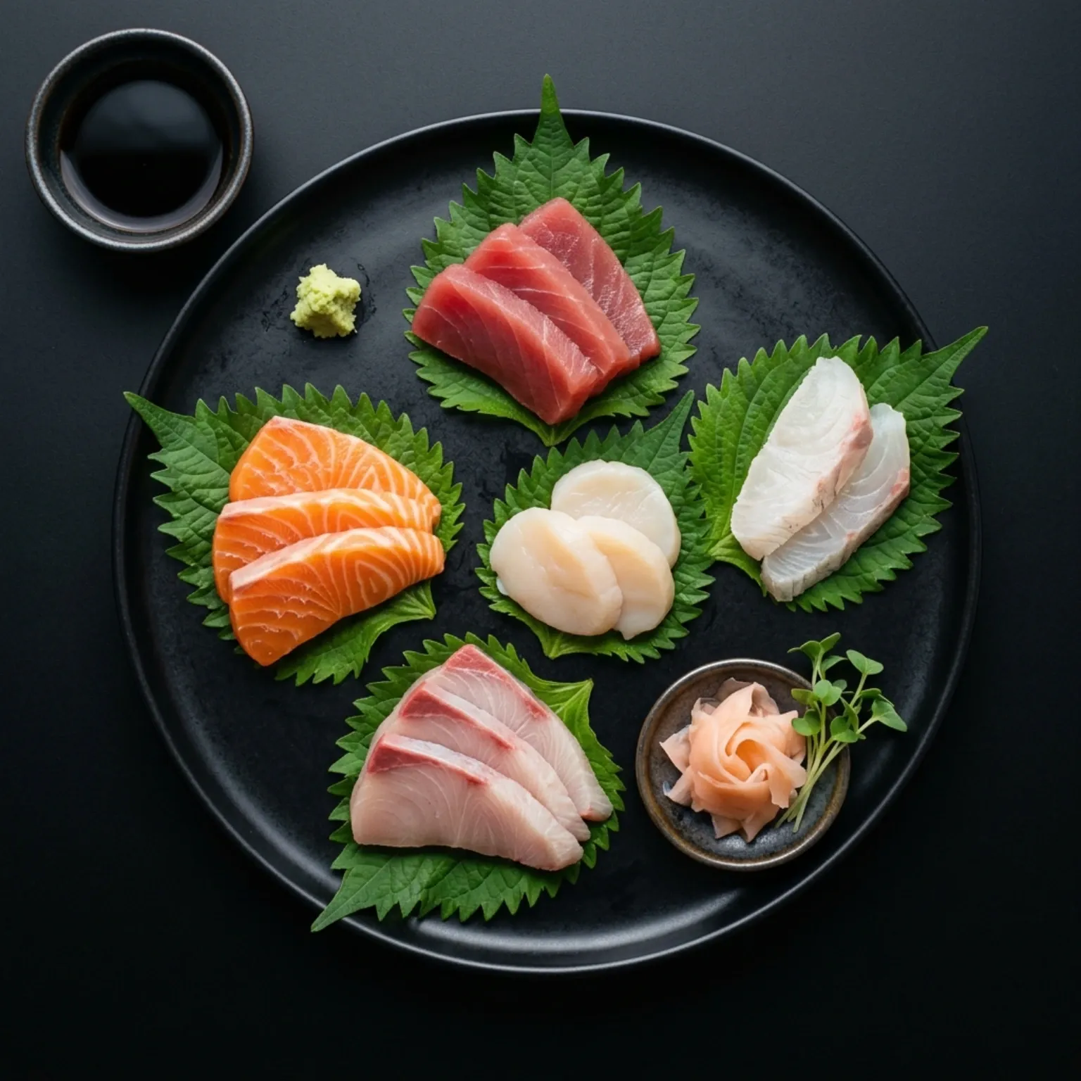 Slices of fresh Sashimi arranged on shiso leaves