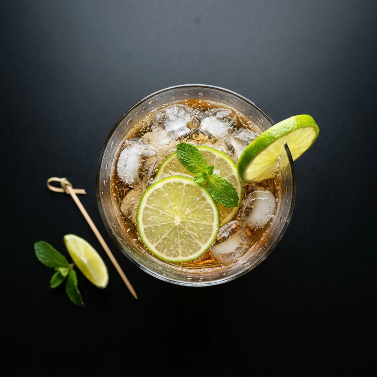 A refreshing soft drink in a glass with ice and lime