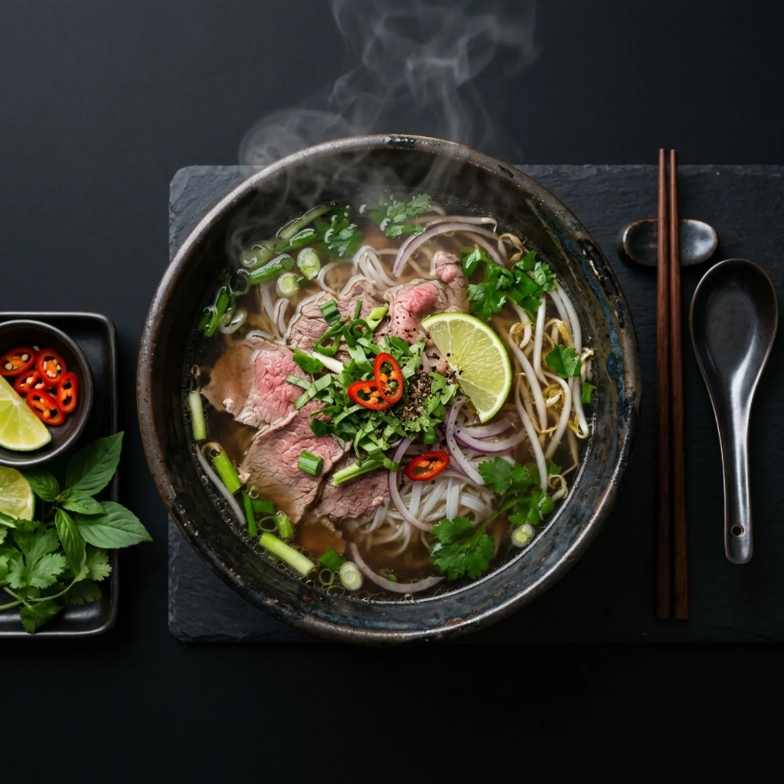 A steaming bowl of traditional Vietnamese soup