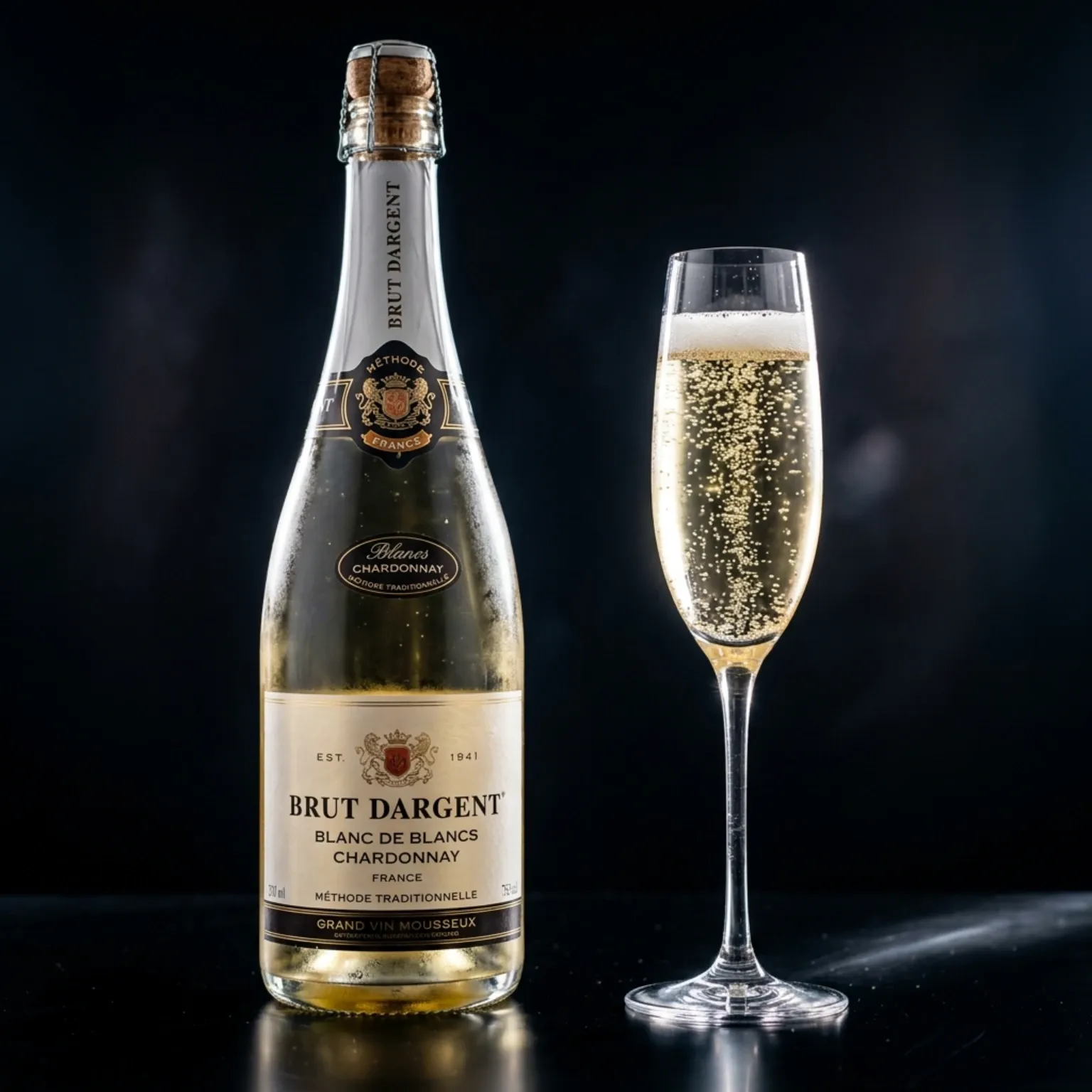 A professional beverage photograph of a bottle of Brut Dargent sparkling wine alongside a filled champagne flute with visible bubbles