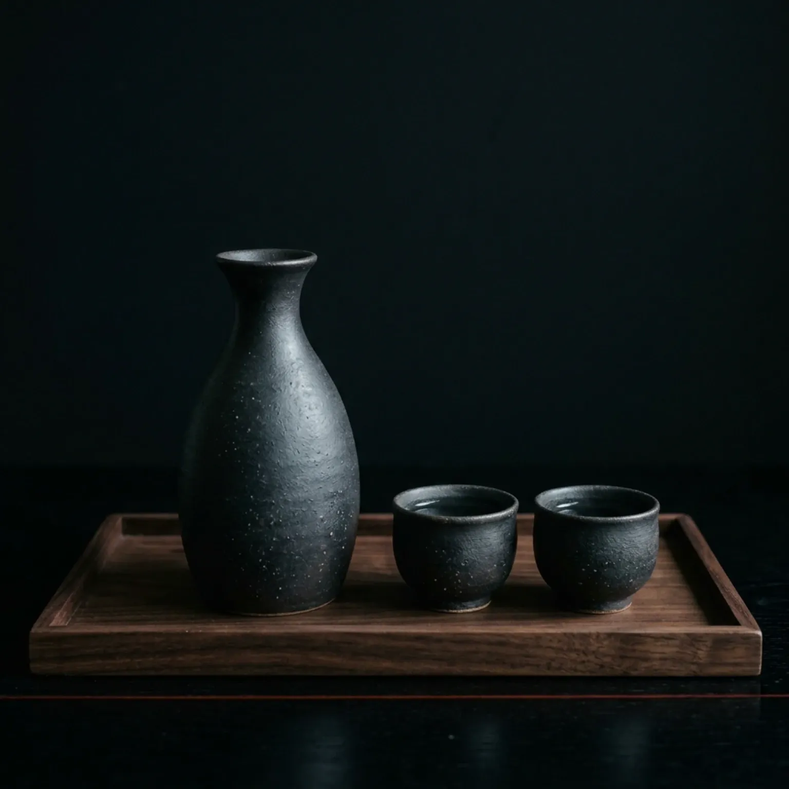 Sake served in a small cup alongside a traditional ceramic sake teapot, side view