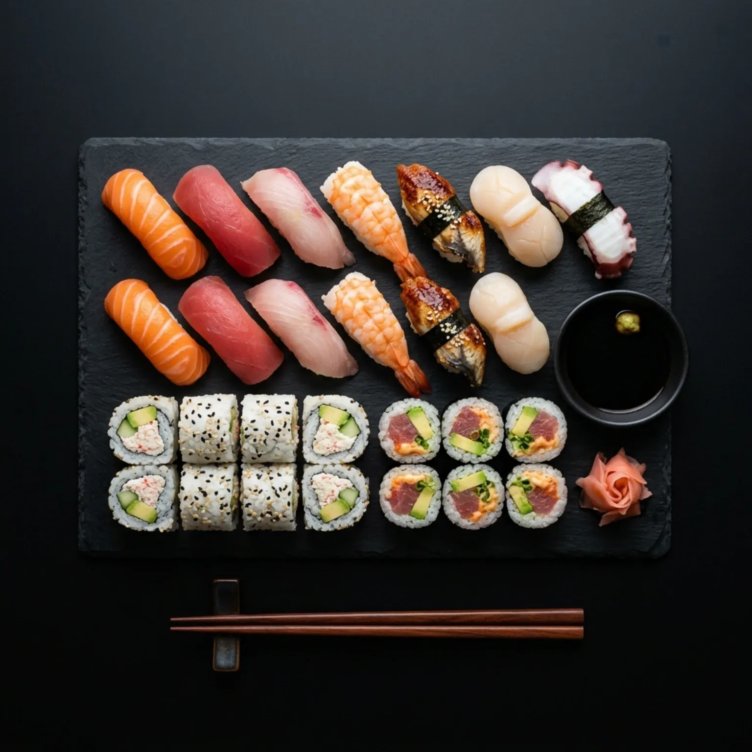 A complete Sushi Menu platter with mixed rolls and nigiri