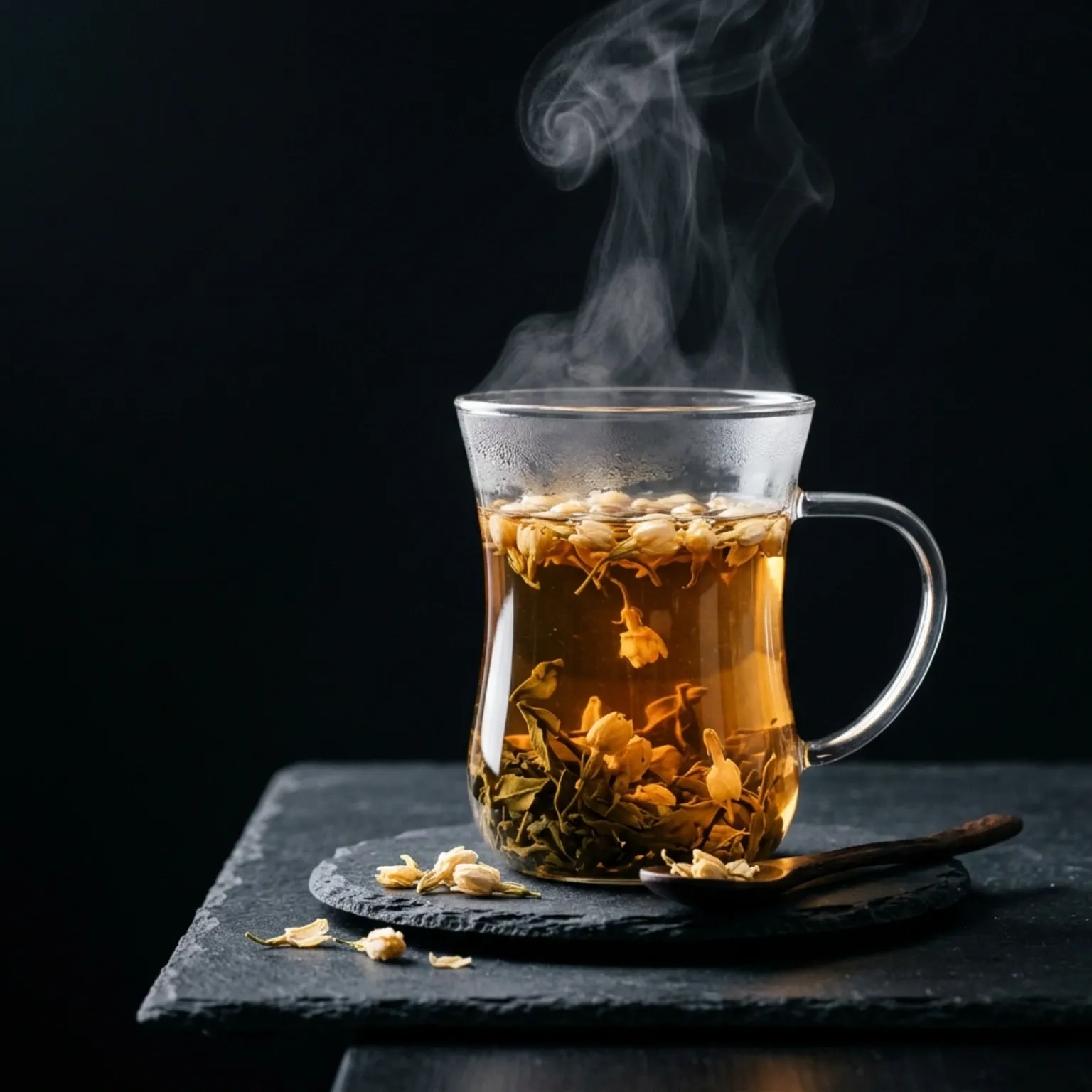 A glass of hot jasmine tea with visible leaves and steam, side view, sleek black background