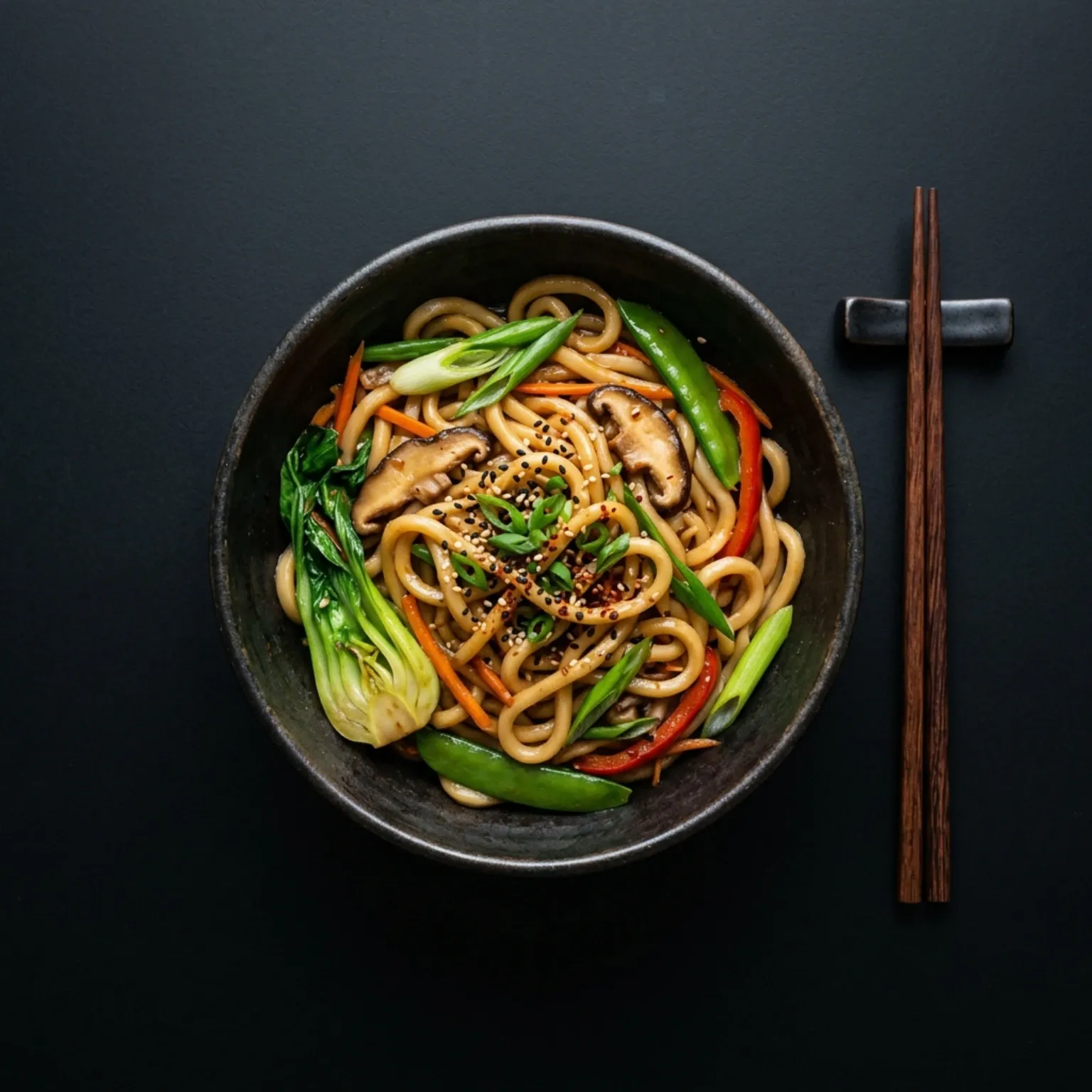 Thick Udon Noodles stir-fried with fresh vegetables