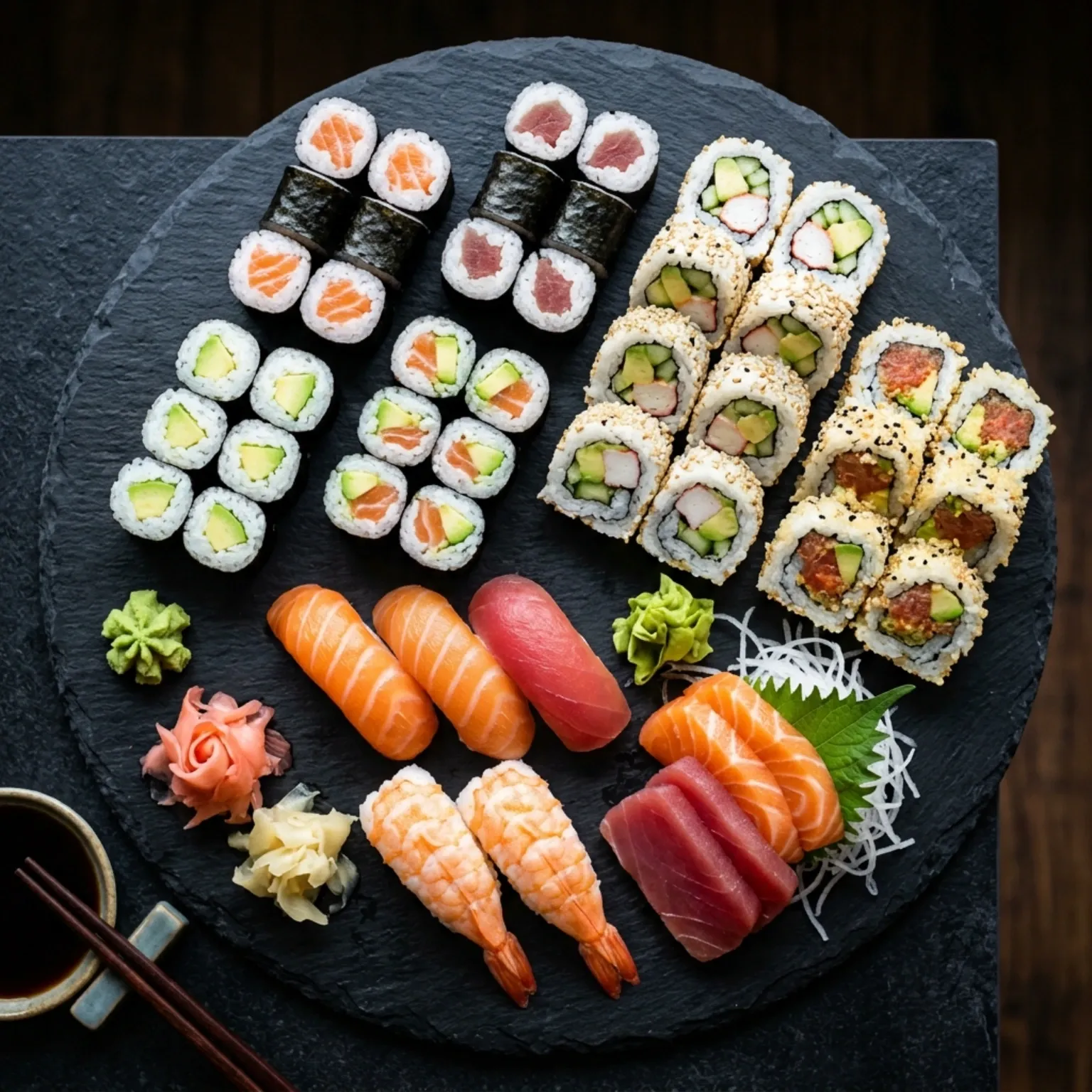 A magnificent large sushi and sashimi platter presented on a sleek black stone plate. The abundant selection includes 8 Tuna Maki, 8 Salmon Maki, 8 Avocado Maki, 8 Salmon Avocado Maki, 8 California Inside-Out rolls with sesame, 8 Sakuhachi Inside-Out rolls, 6 pieces of Nigiri (2 salmon, 2 tuna, 2 ebi), and 4 delicate slices of Sashimi. Arranged artistically with ginger and wasabi,