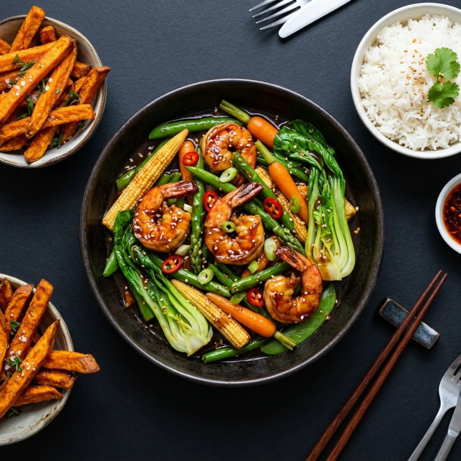 Stir-fried king prawns with green asparagus, baby corn, baby carrots, pak choi, and beans in a rich, dark hoisin sauce. Served with a side of jasmine rice and crispy sweet potato fries