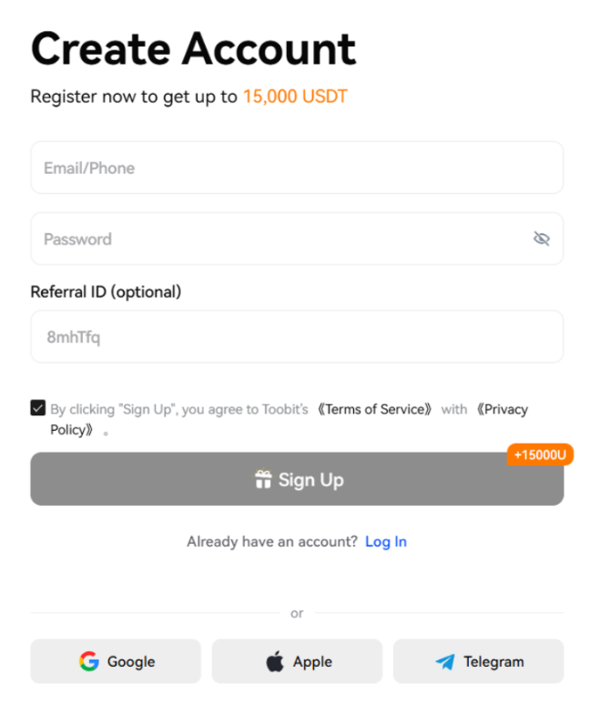 Create account Toobit