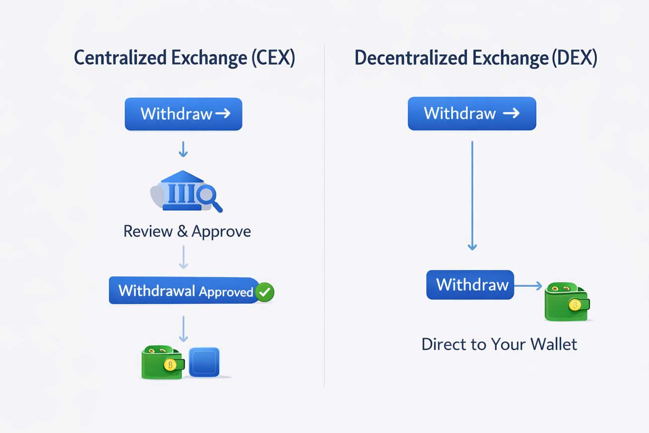 Simple diagram comparing crypto withdrawals on a centralized exchange, which requires review and approval, versus a decentralized exchange where withdrawals go directly to a personal wallet.