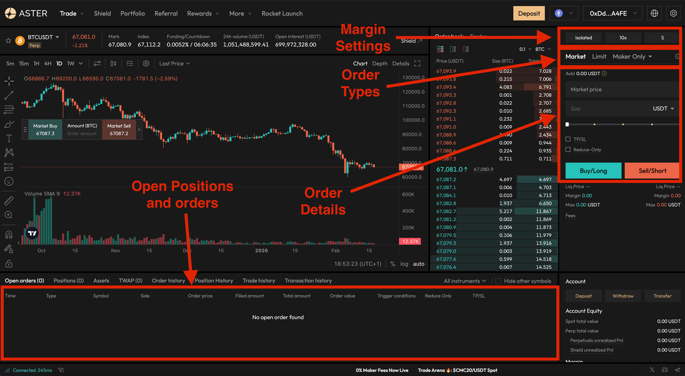 AsterDEX trading interface showing margin settings, order types (market, limit), order details panel, Buy/Long and Sell/Short buttons, and open positions section.