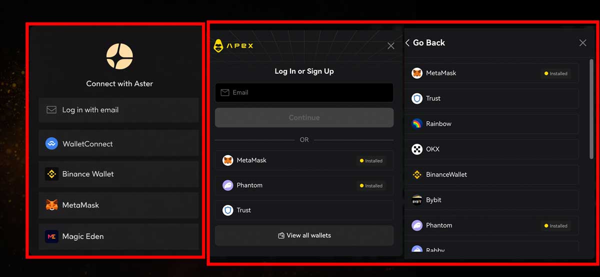 Different wallet options to connect with Apex Omni or Aster DEX