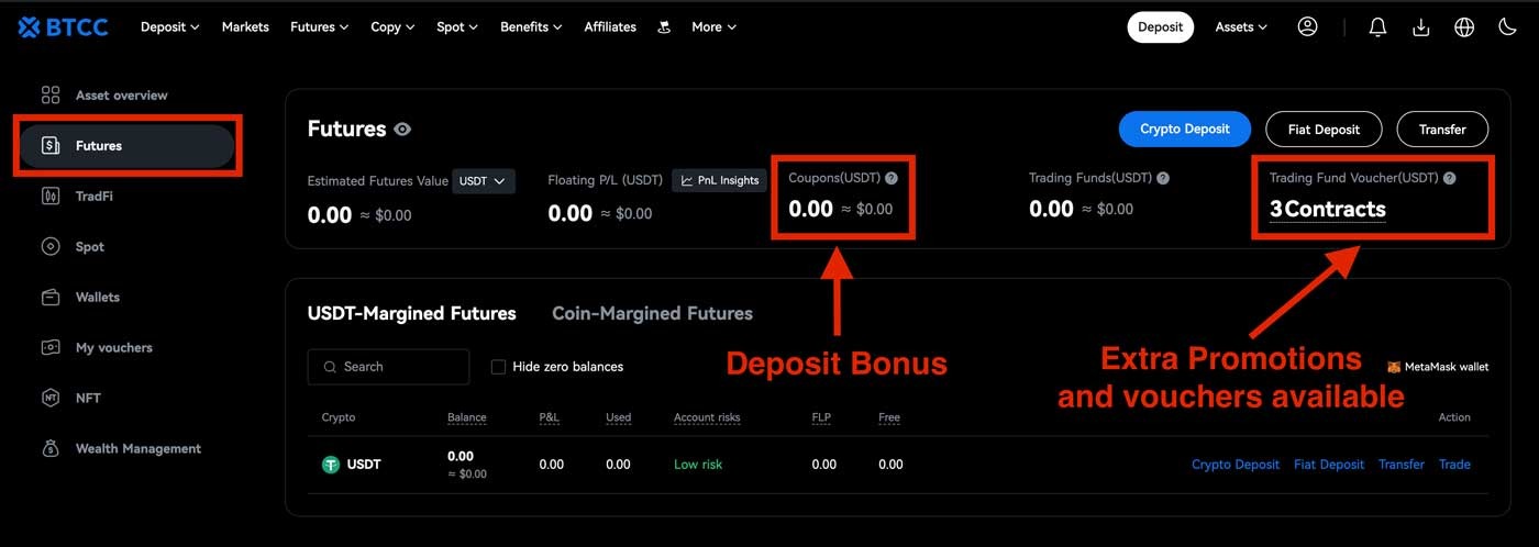 Dashboard image of where you can find the bonus after receiving it in BTCC account
