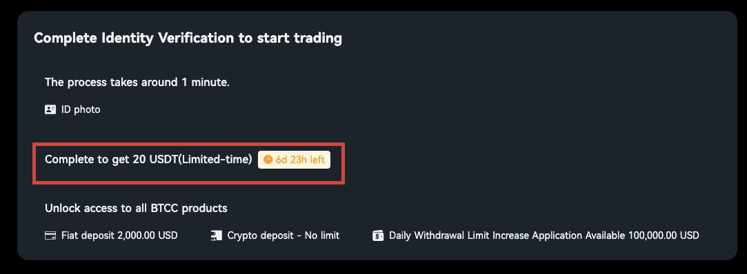 BTCC Bonus voor verificatie van u account