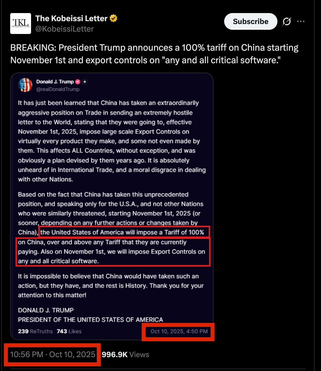 Trump Tarrifs Tweet on 10th of October