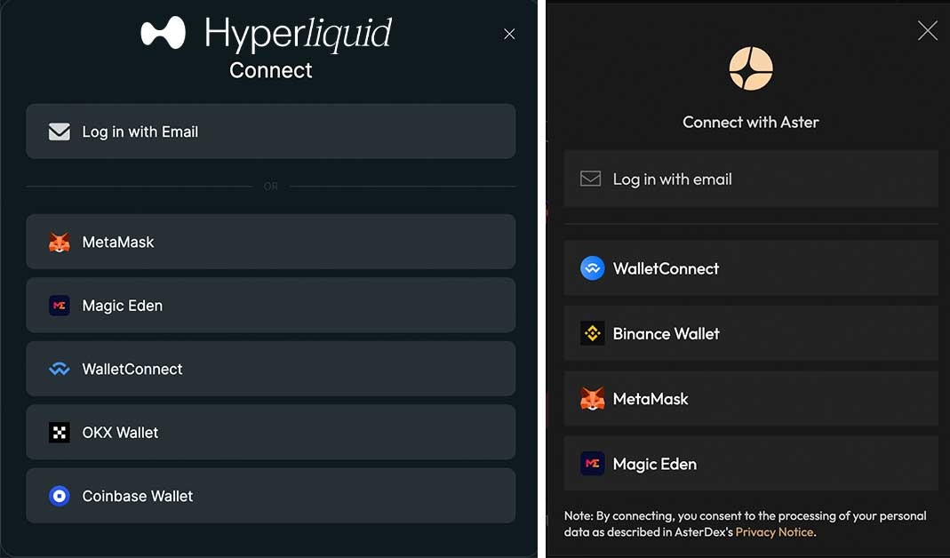 HyperLiquid AsterDEX Wallet Connections