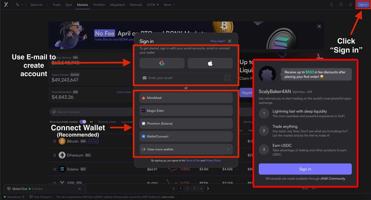 DyDX dashboard explainer how to connect your wallet and create an account