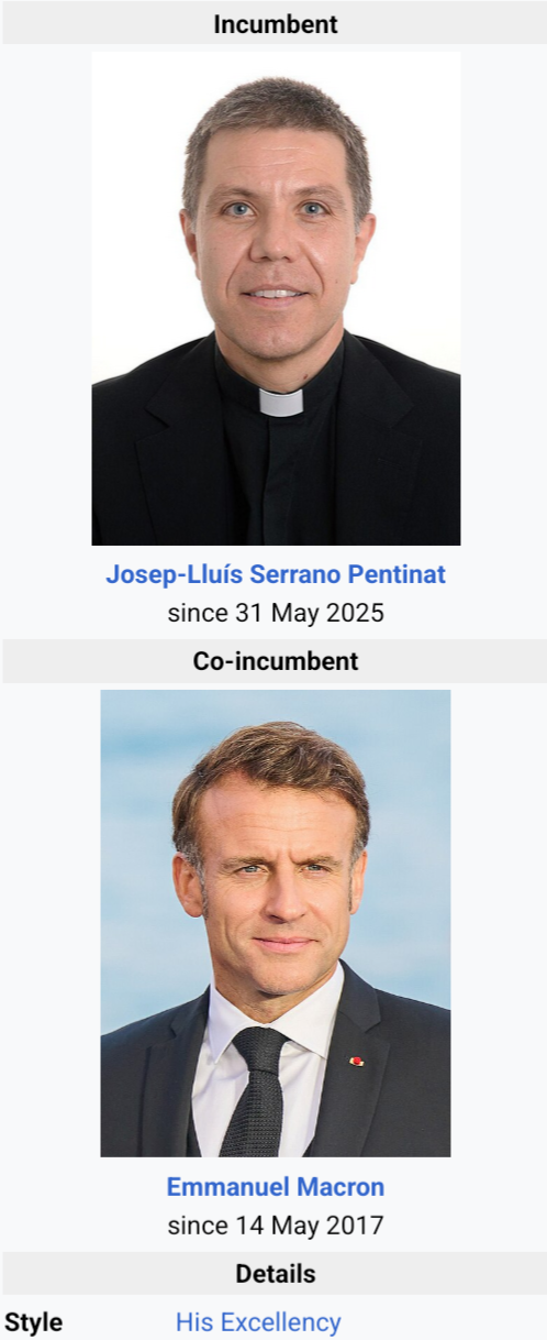 wikipedia leader infobox.

Incumbent
Josep-Lluís Serrano Pentinat
since 31 May 2025

Co-incumbent
Emmanuel Macron
since 14 May 2017

Style	His Excellency