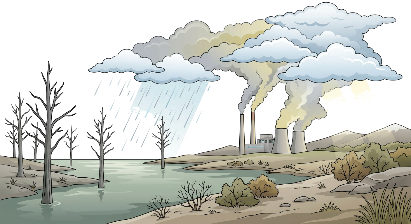 Illustration of acid rain affecting a forest and lake.