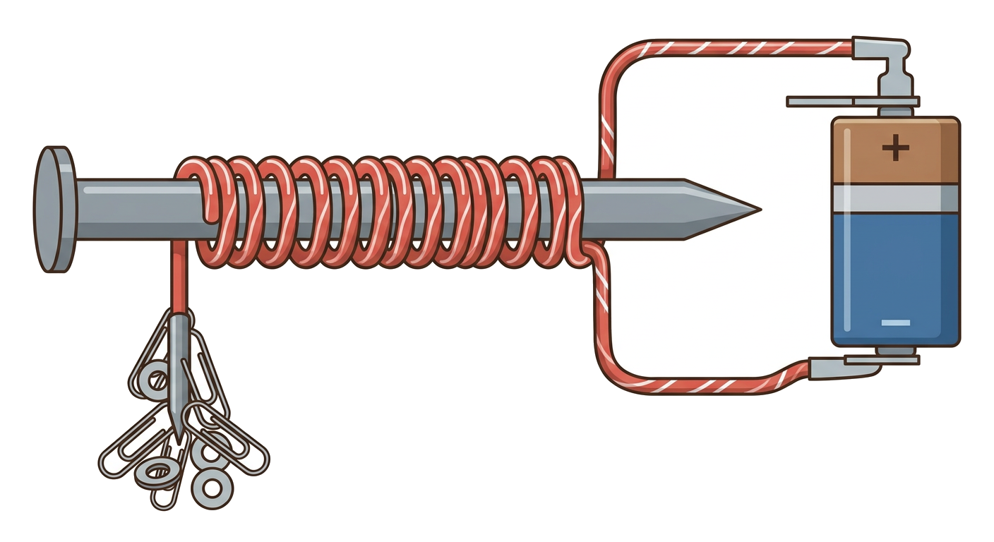 Electromagnet diagram showing a coil wrapped around an iron core connected to a battery.